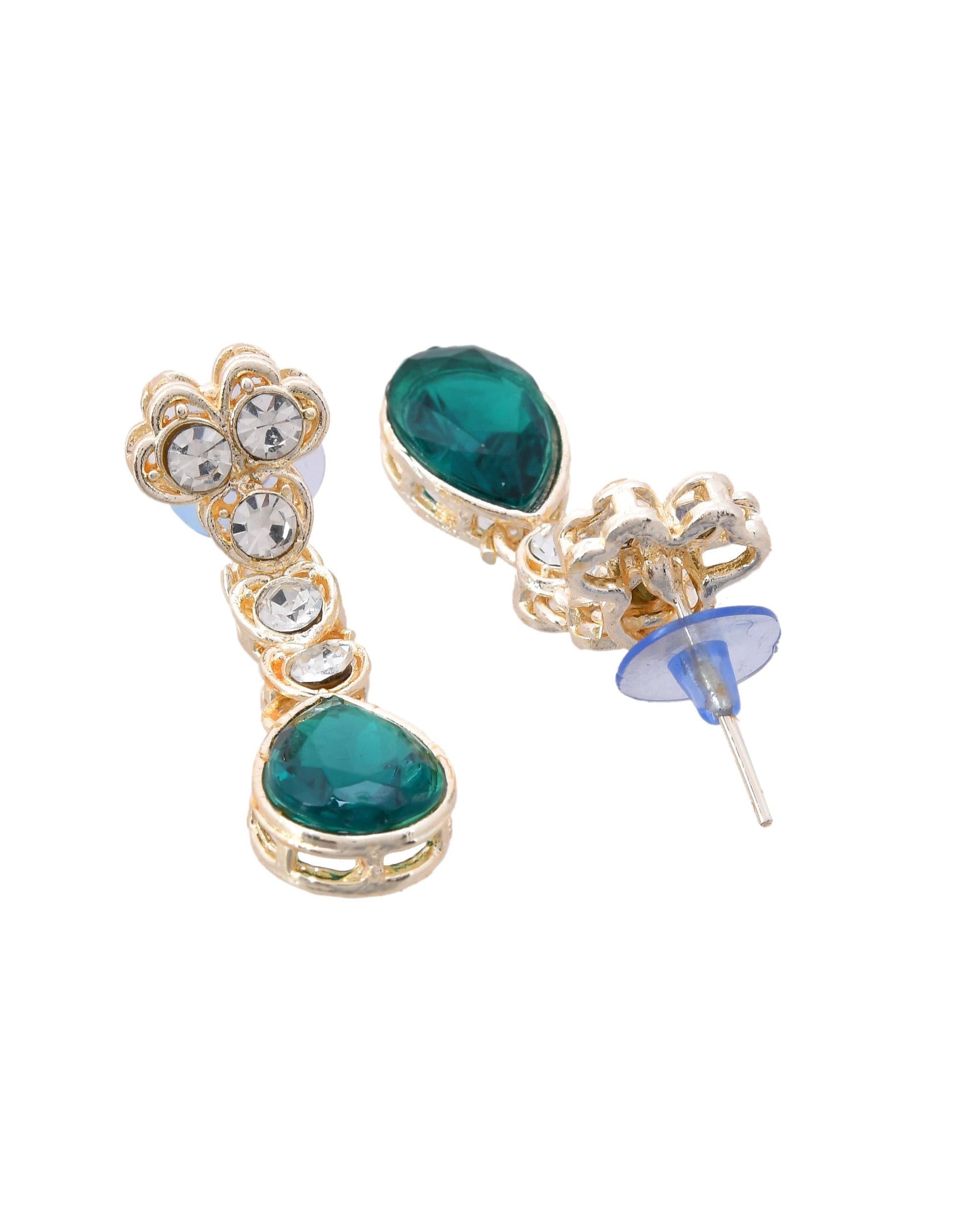 VOJ Silver Plated Green Stone Studded Necklace And Earrings Set - Swadesiicart