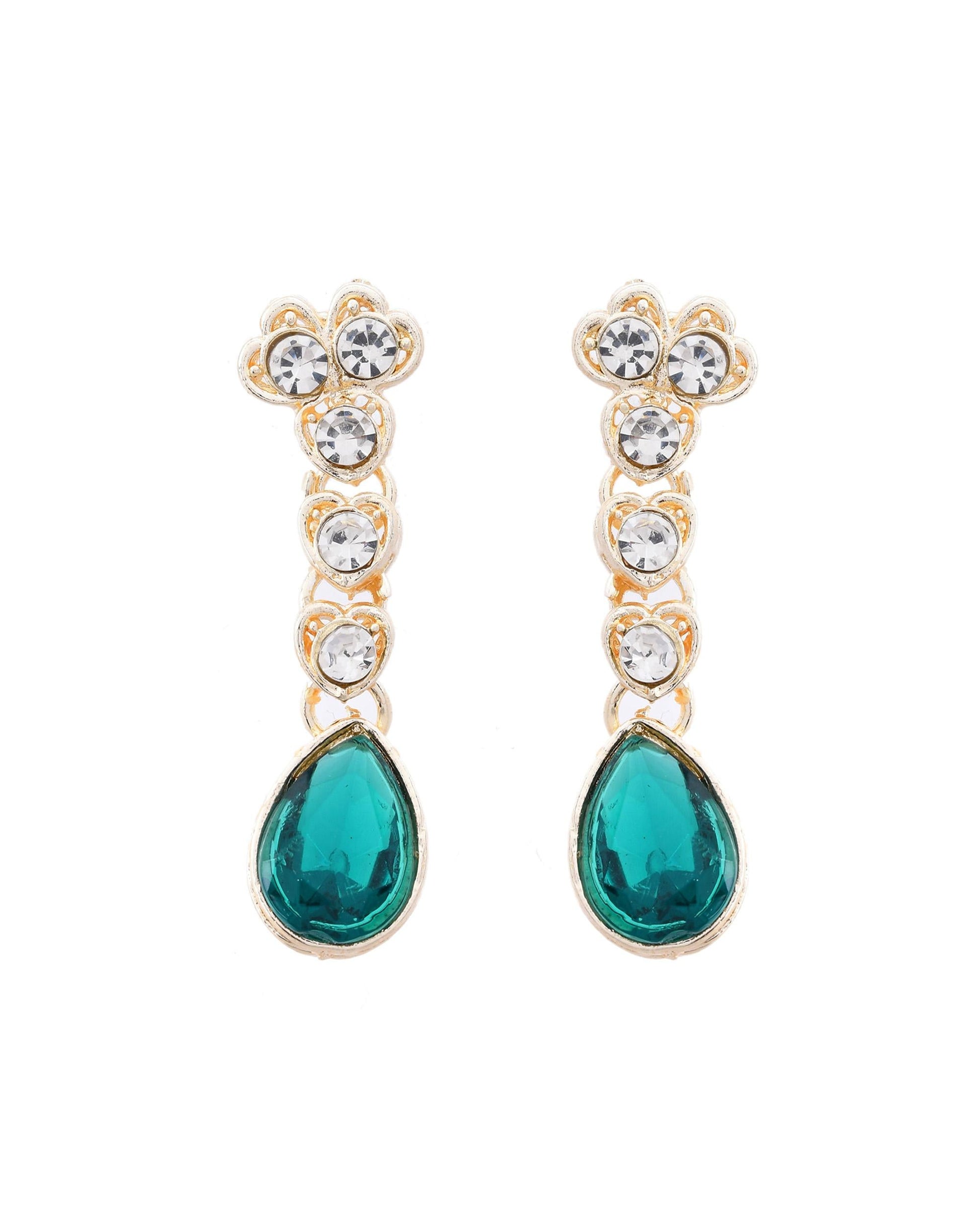 VOJ Silver Plated Green Stone Studded Necklace And Earrings Set - Swadesiicart
