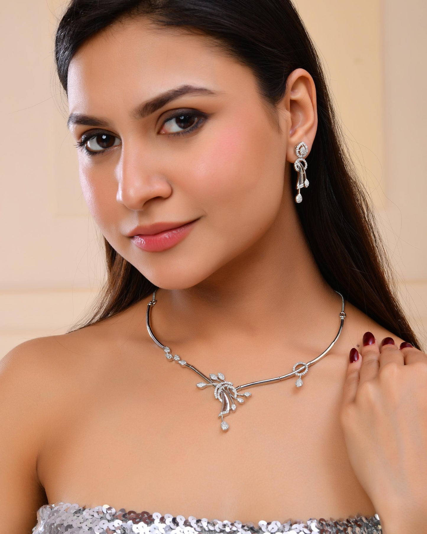 VOJ Silver Toned Stylish Ad- Studded Jewellery Set - Swadesiicart