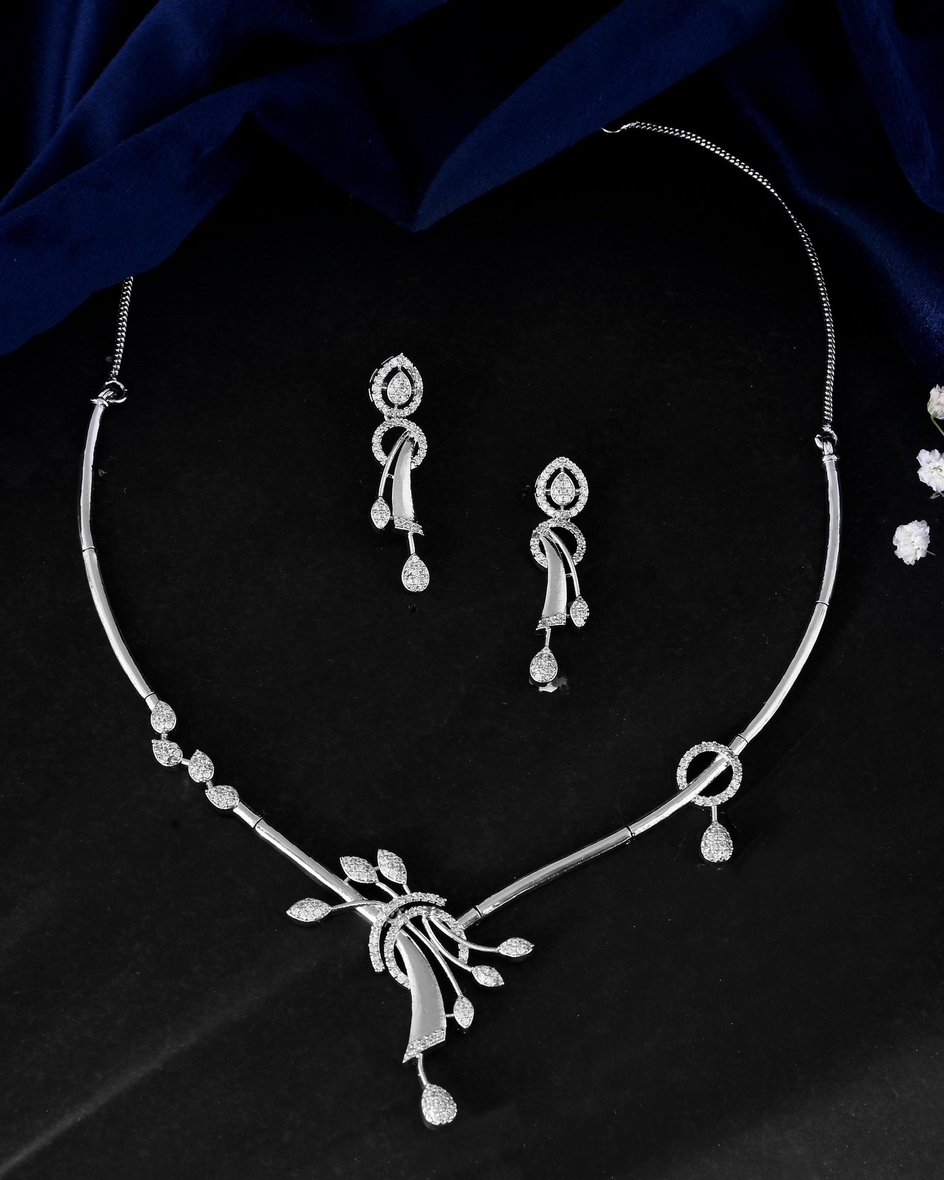 VOJ Silver Toned Stylish Ad- Studded Jewellery Set - Swadesiicart