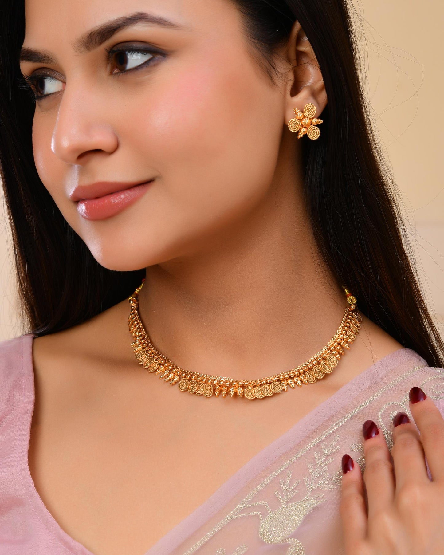 VOJ Gold-Polished Round Designed Necklace With Earrings Set - Swadesiicart