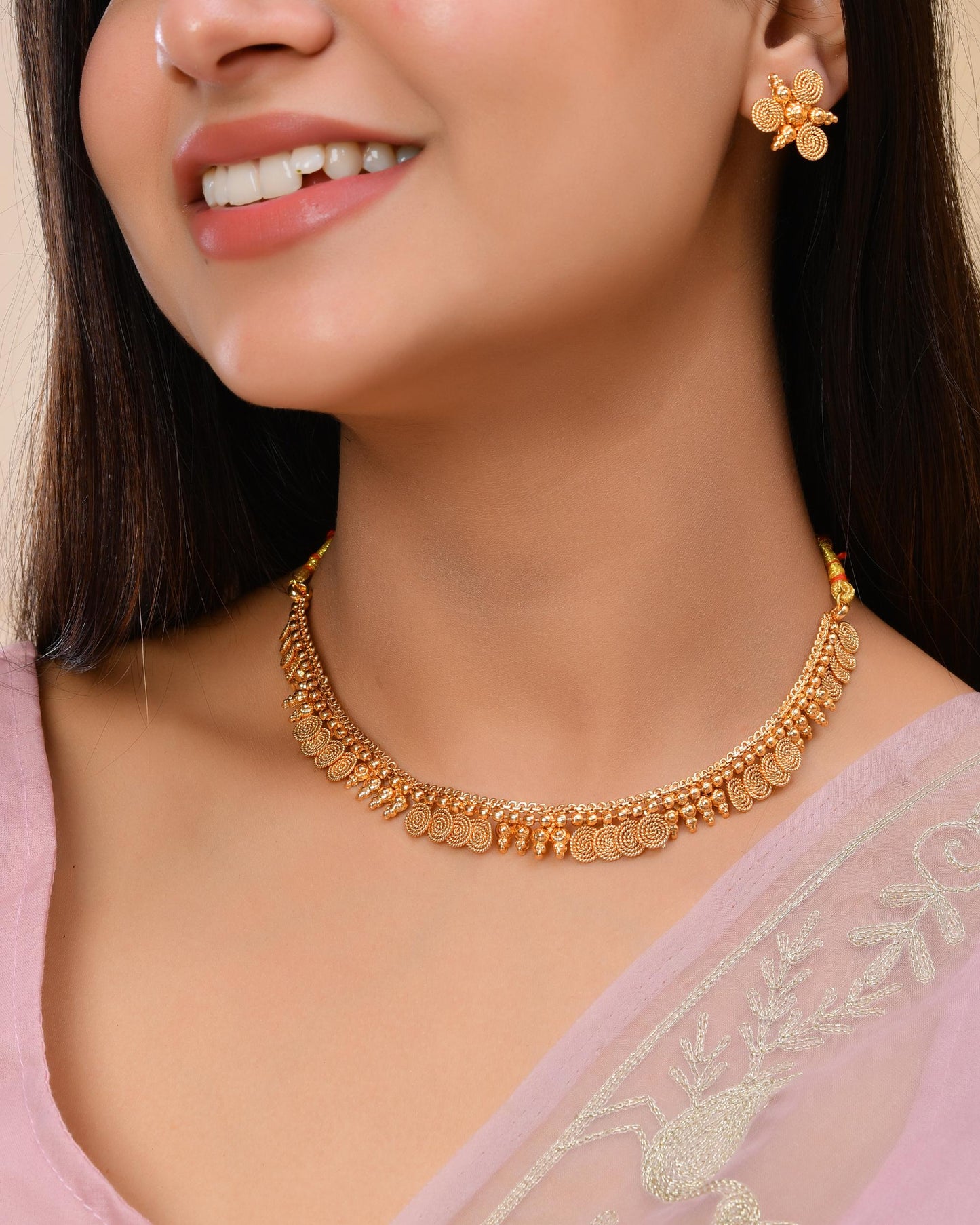 VOJ Gold-Polished Round Designed Necklace With Earrings Set - Swadesiicart