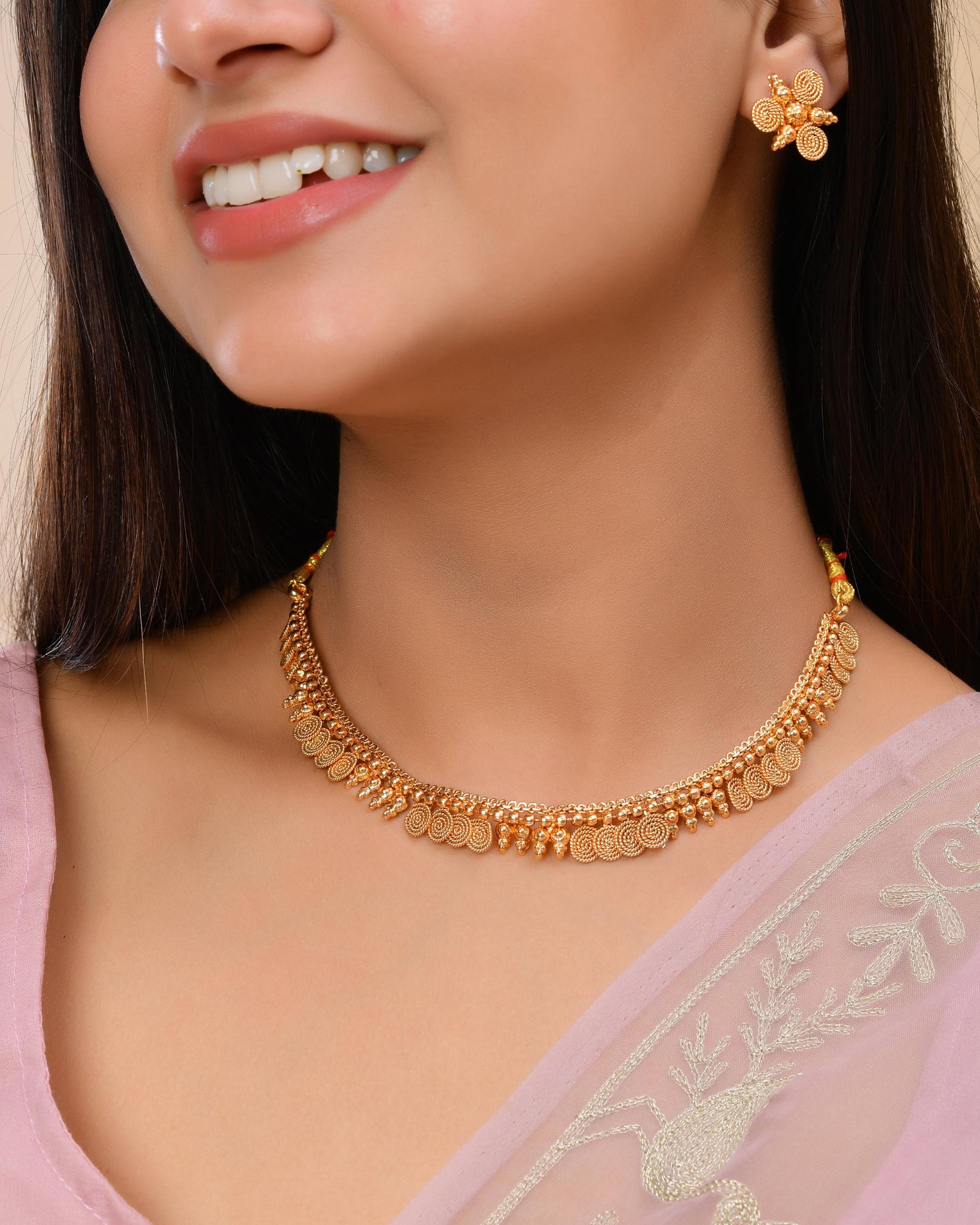 VOJ Gold-Polished Round Designed Necklace With Earrings Set - Swadesiicart