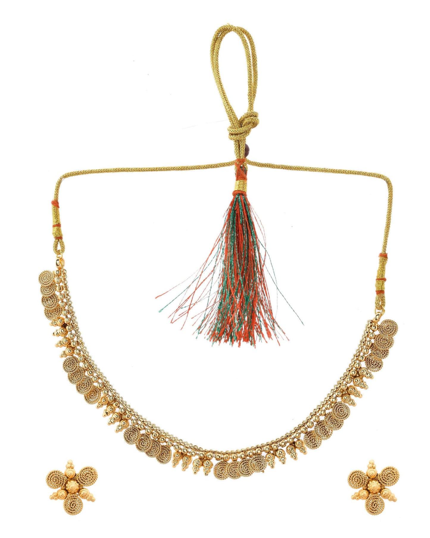 VOJ Gold-Polished Round Designed Necklace With Earrings Set - Swadesiicart