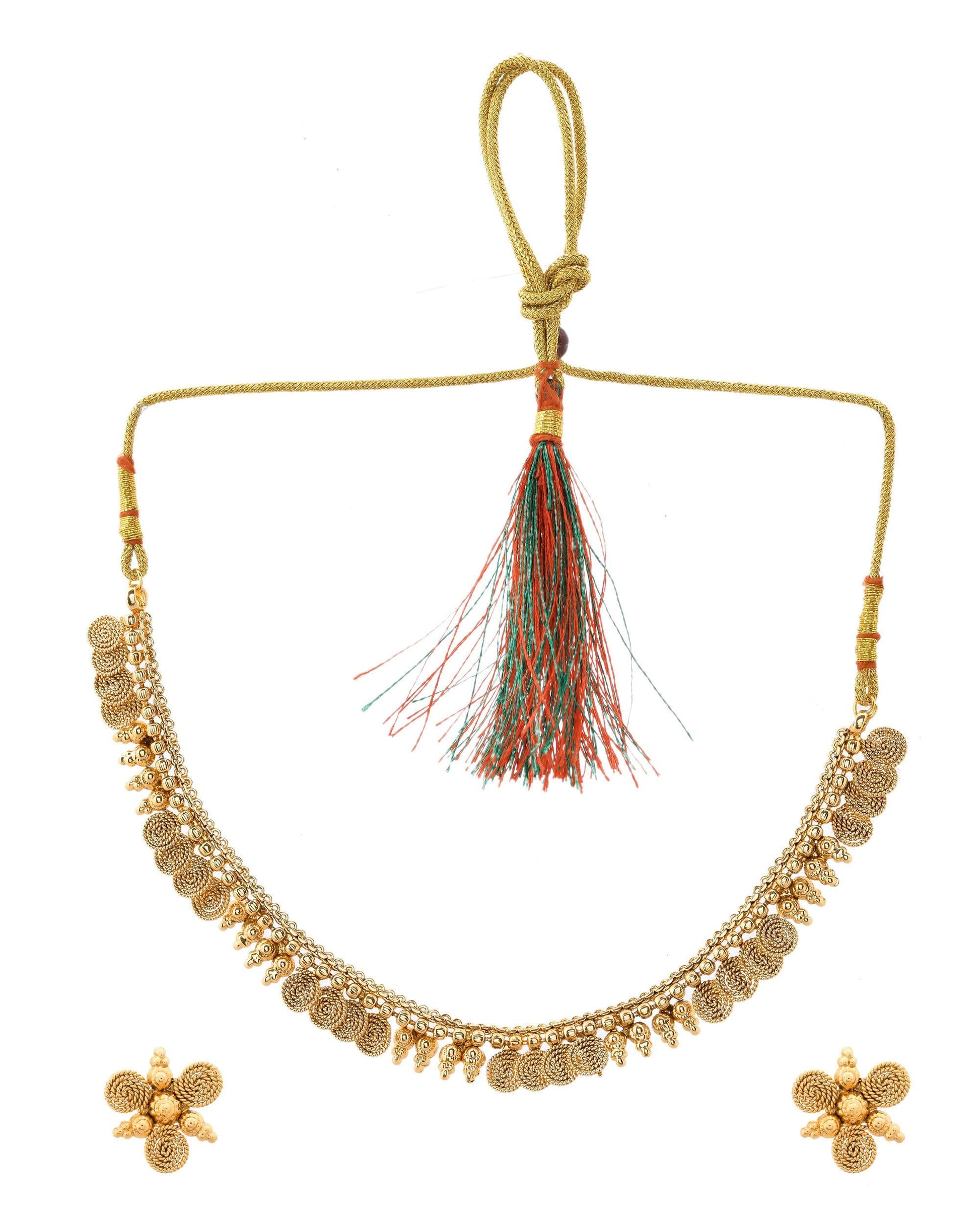 VOJ Gold-Polished Round Designed Necklace With Earrings Set - Swadesiicart