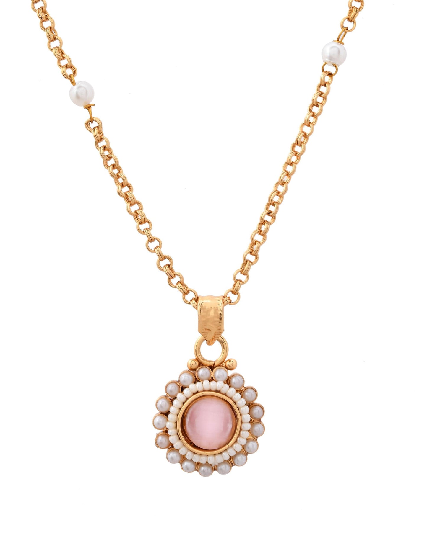 VOJ Gold-Polished Pink Stone Studded Chain Set - Swadesiicart