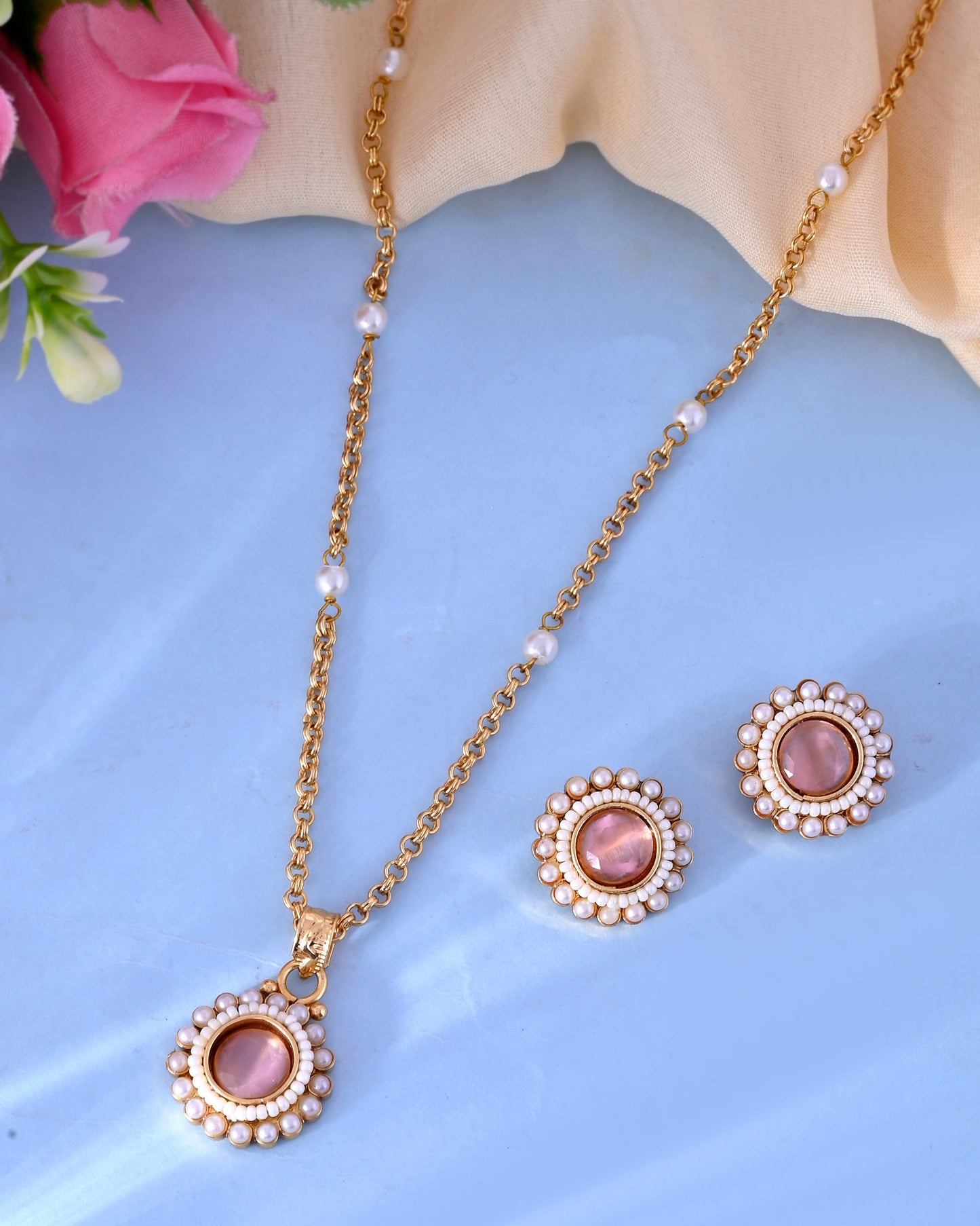 VOJ Gold-Polished Pink Stone Studded Chain Set - Swadesiicart