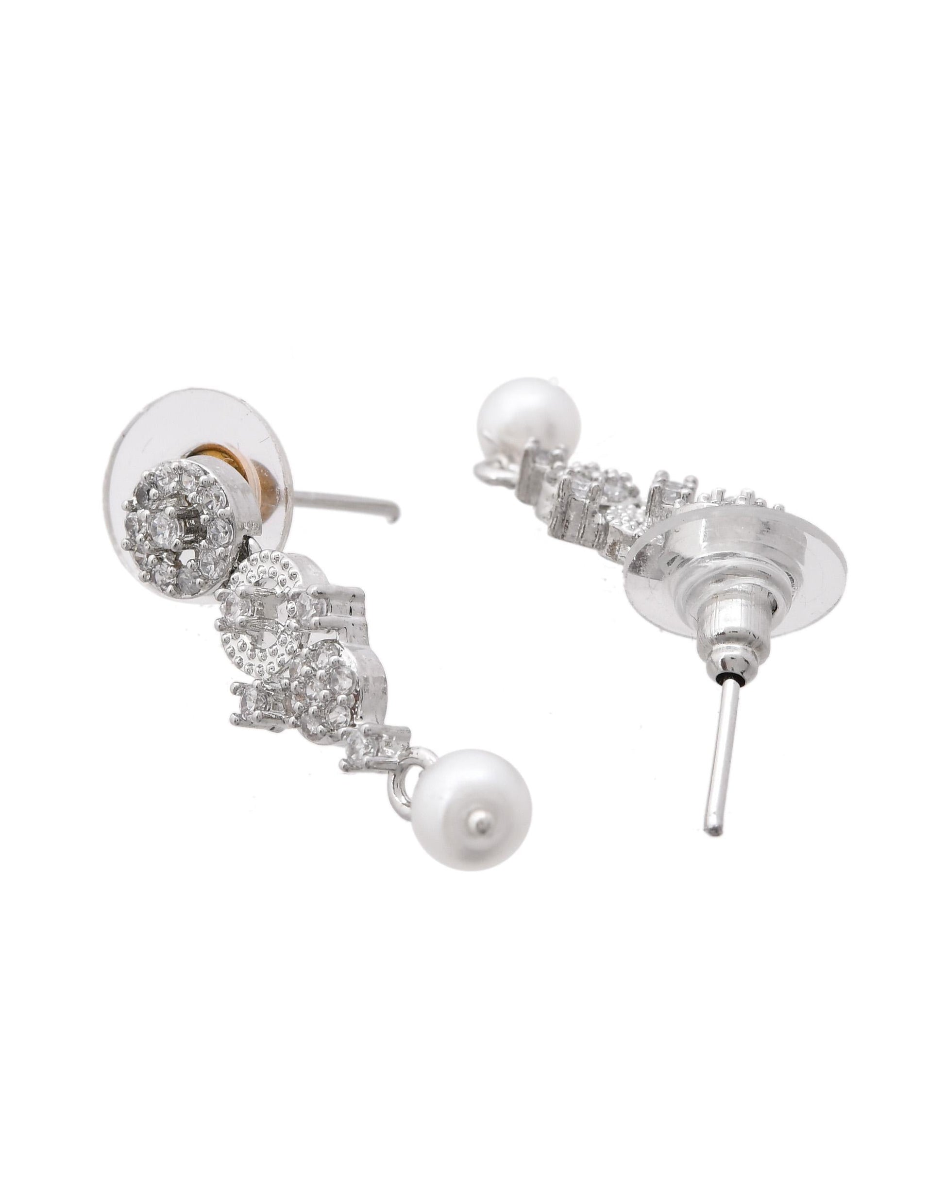 VOJ Silver Plated Ad Stone Studded Geometrical Shaped Necklace And Earrings Set - Swadesiicart