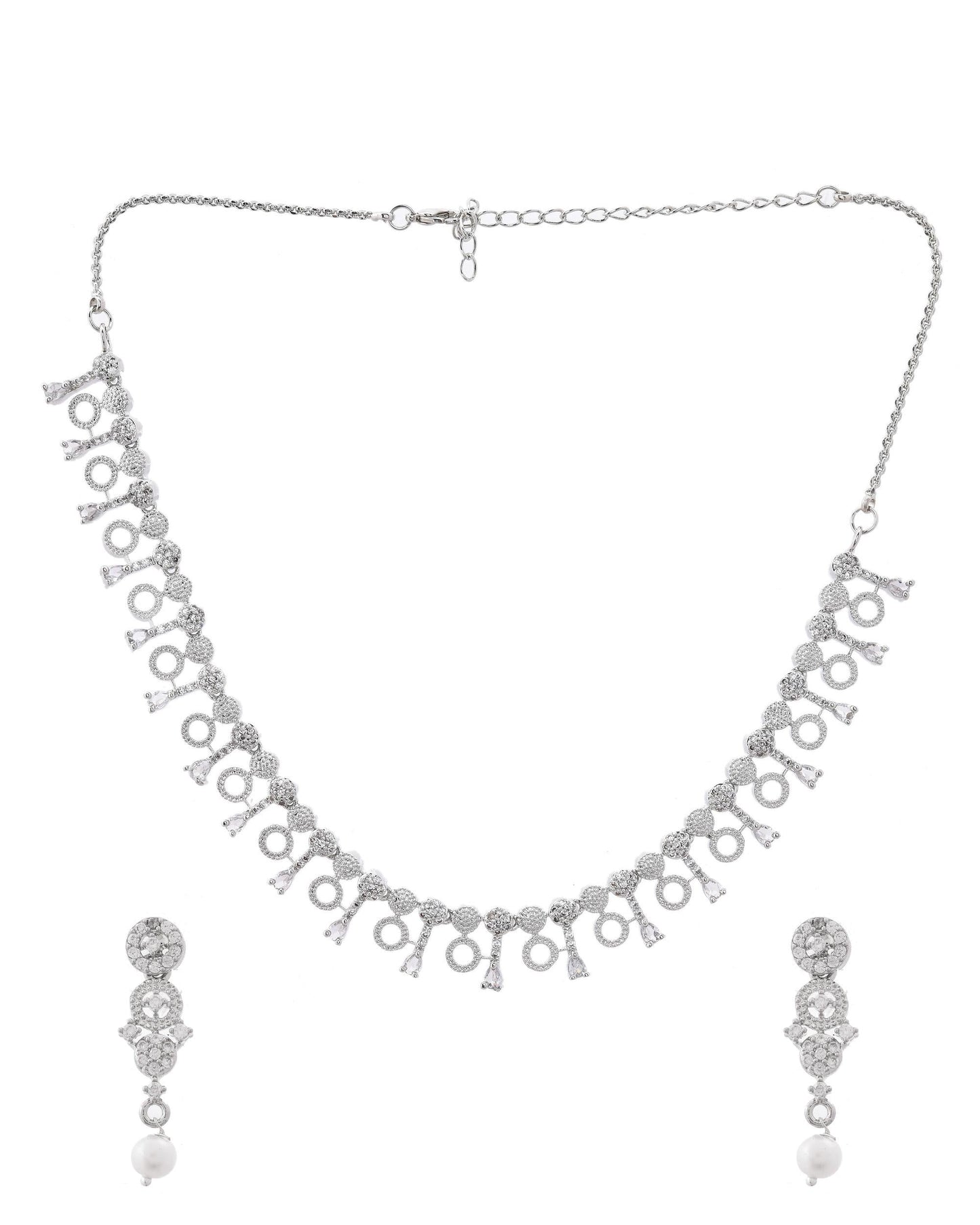 VOJ Silver Plated Ad Stone Studded Geometrical Shaped Necklace And Earrings Set - Swadesiicart