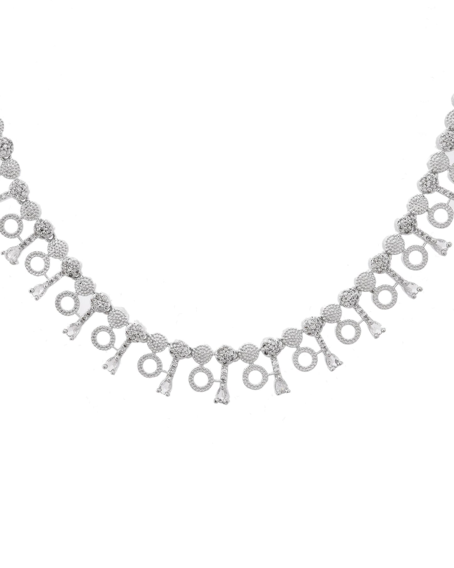 VOJ Silver Plated Ad Stone Studded Geometrical Shaped Necklace And Earrings Set - Swadesiicart