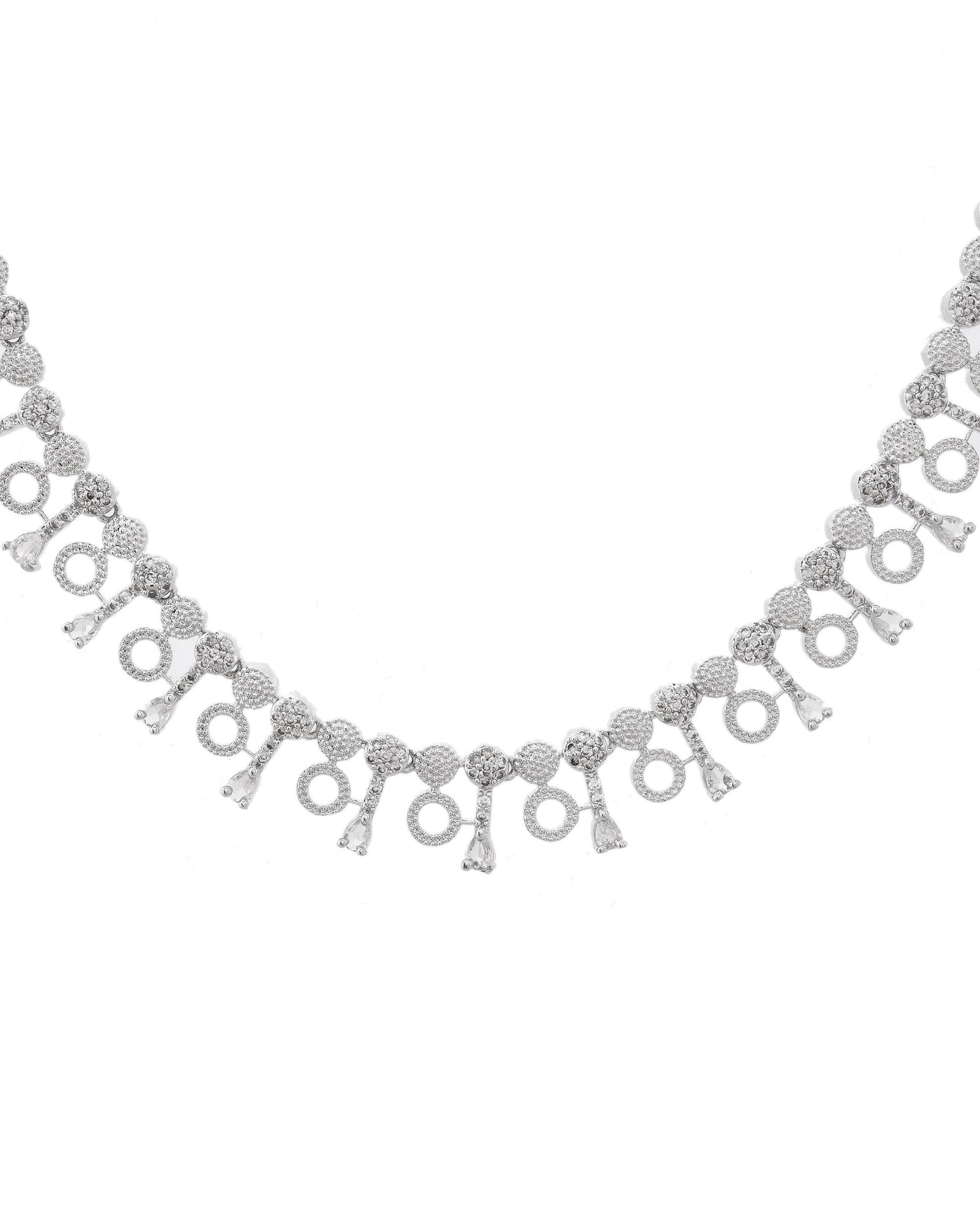 VOJ Silver Plated Ad Stone Studded Geometrical Shaped Necklace And Earrings Set - Swadesiicart