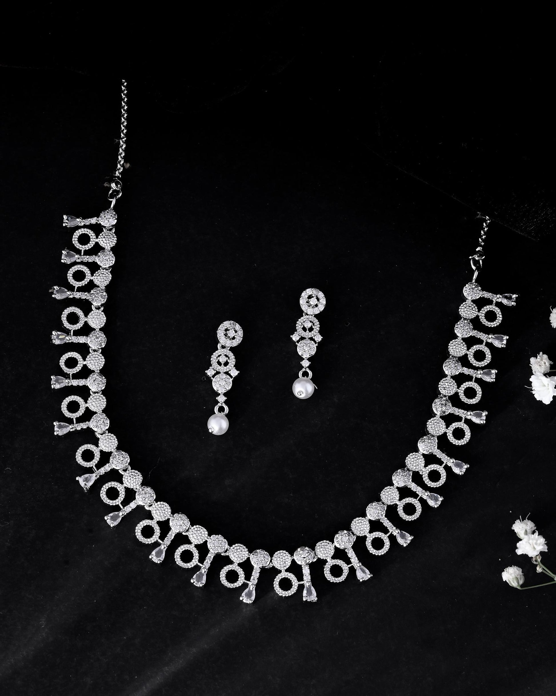 VOJ Silver Plated Ad Stone Studded Geometrical Shaped Necklace And Earrings Set - Swadesiicart