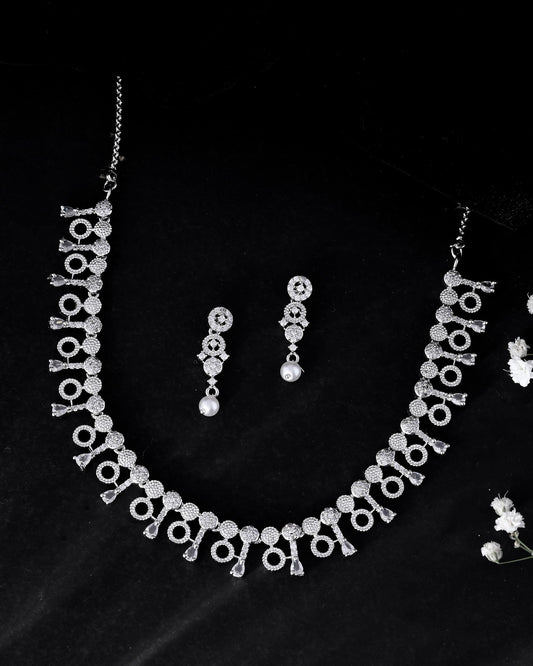 VOJ Silver Plated Ad Stone Studded Geometrical Shaped Necklace And Earrings Set - Swadesiicart