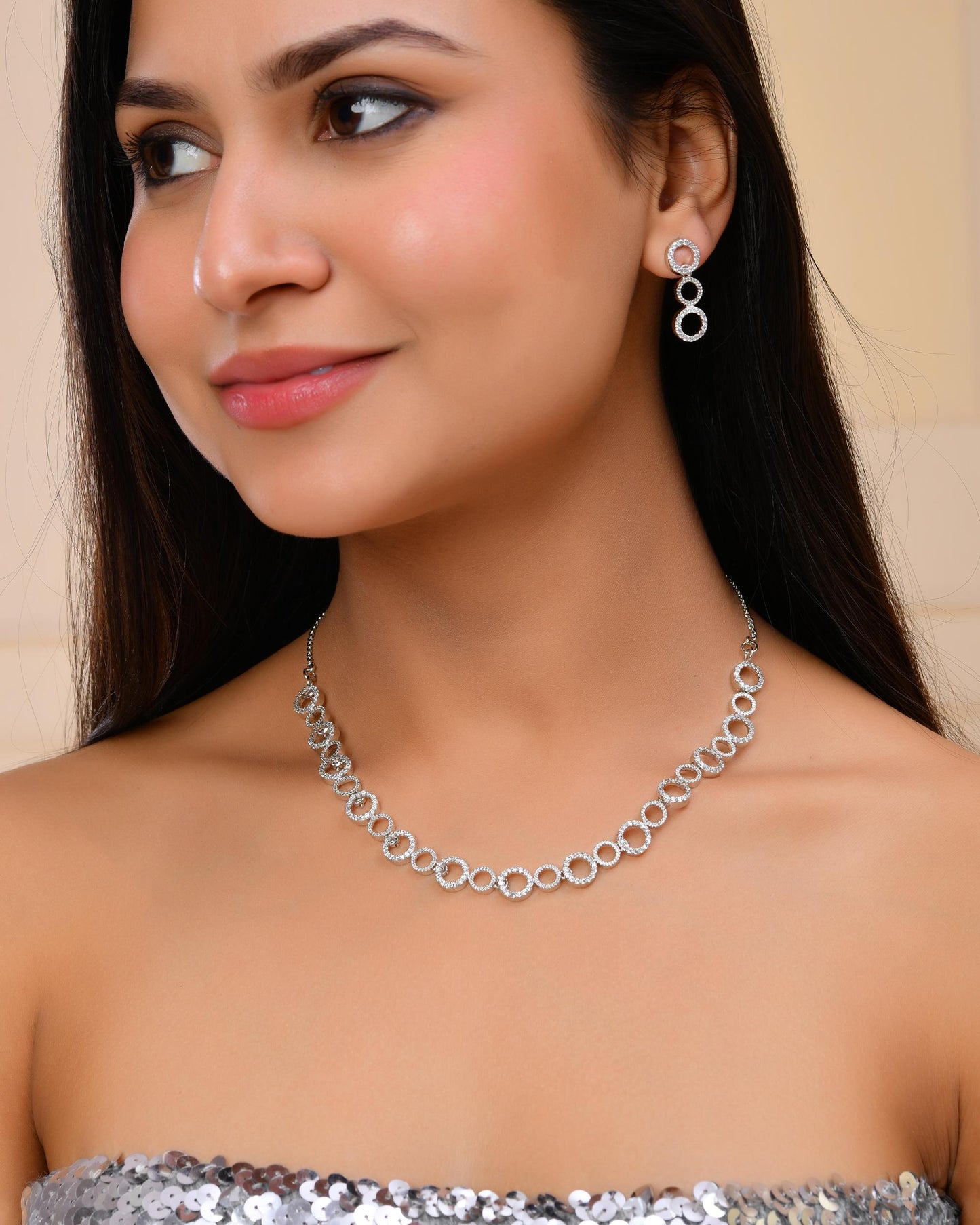 VOJ Silver Plated Ad Stone Studded Round Shaped Necklace And Earrings Set - Swadesiicart