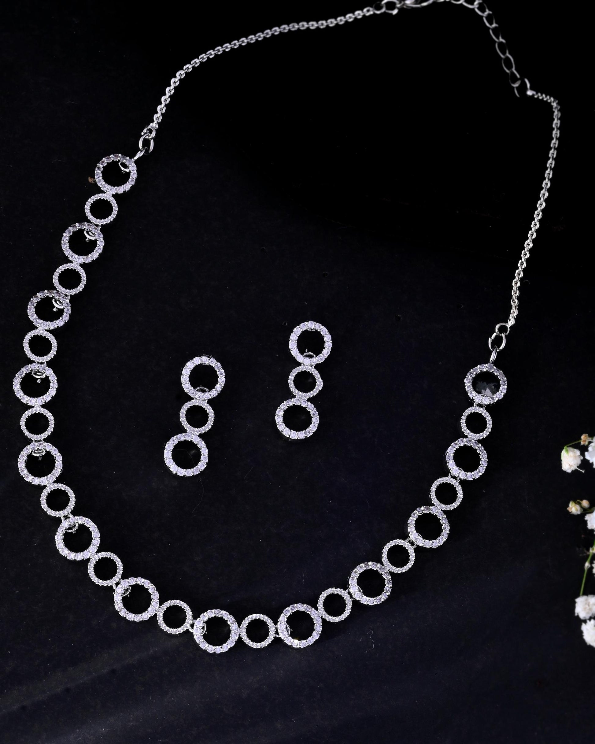 VOJ Silver Plated Ad Stone Studded Round Shaped Necklace And Earrings Set - Swadesiicart