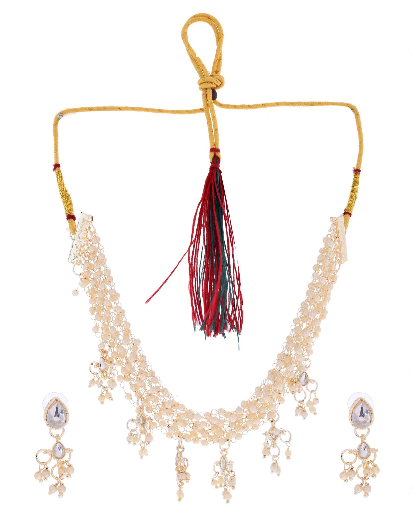 VOJ Gold-Polished Multi Layered Pearl Choker With Earrings Set | Swadesiicart