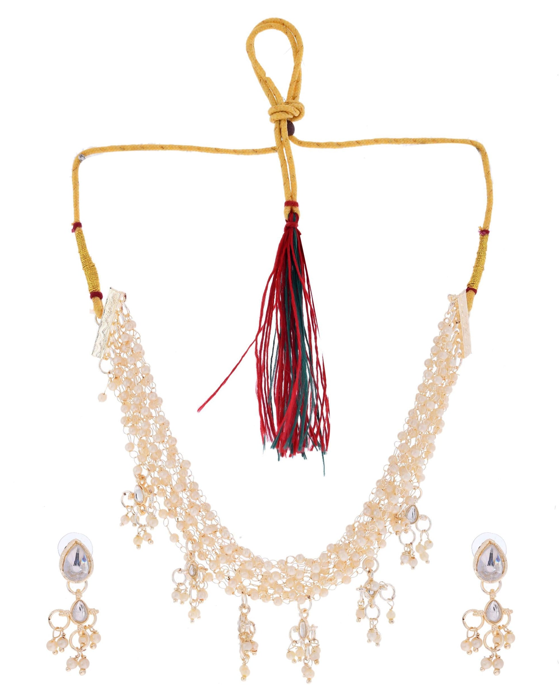 VOJ Gold-Polished Multi Layered Pearl Choker With Earrings Set | Swadesiicart