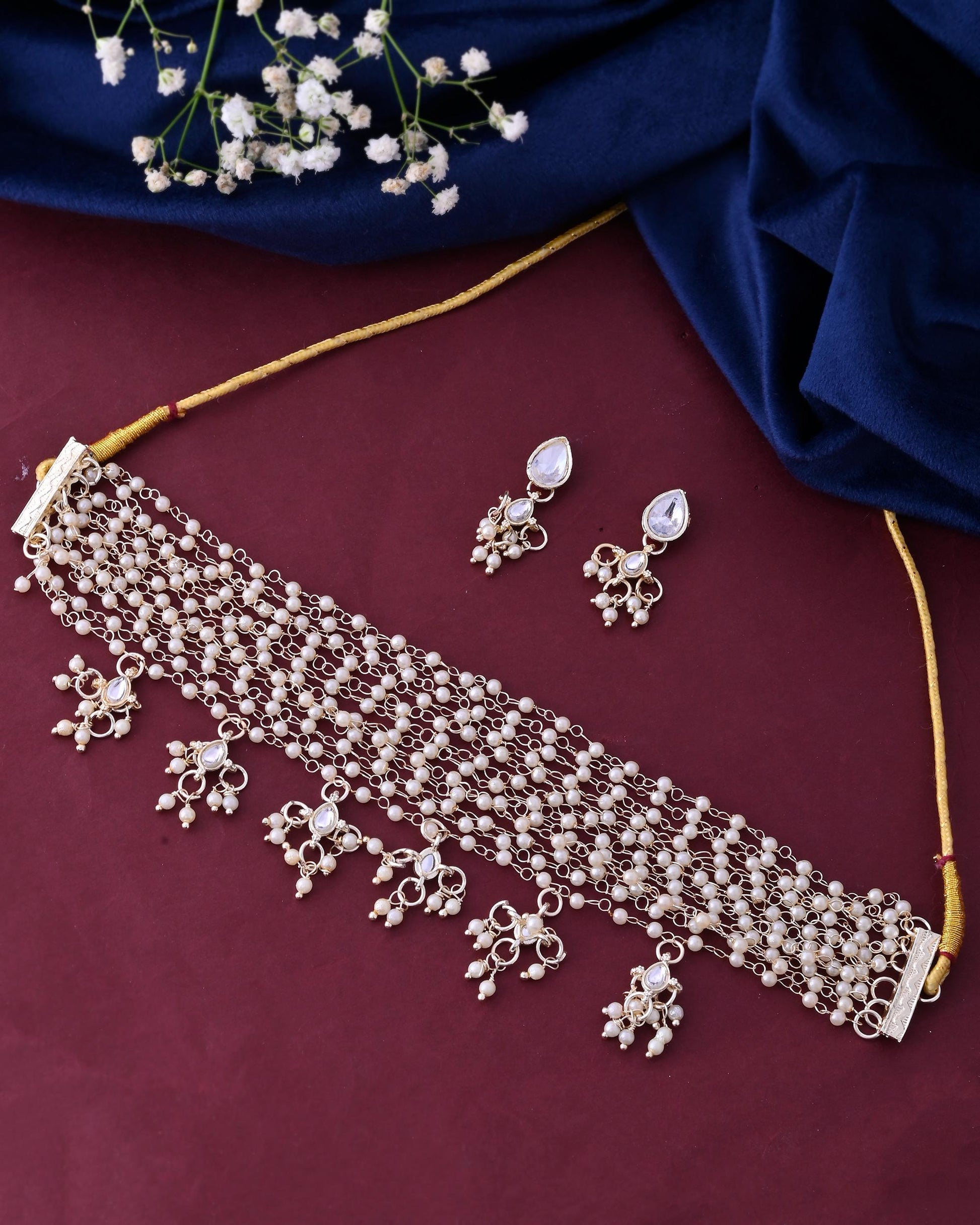 VOJ Gold-Polished Multi Layered Pearl Choker With Earrings Set | Swadesiicart