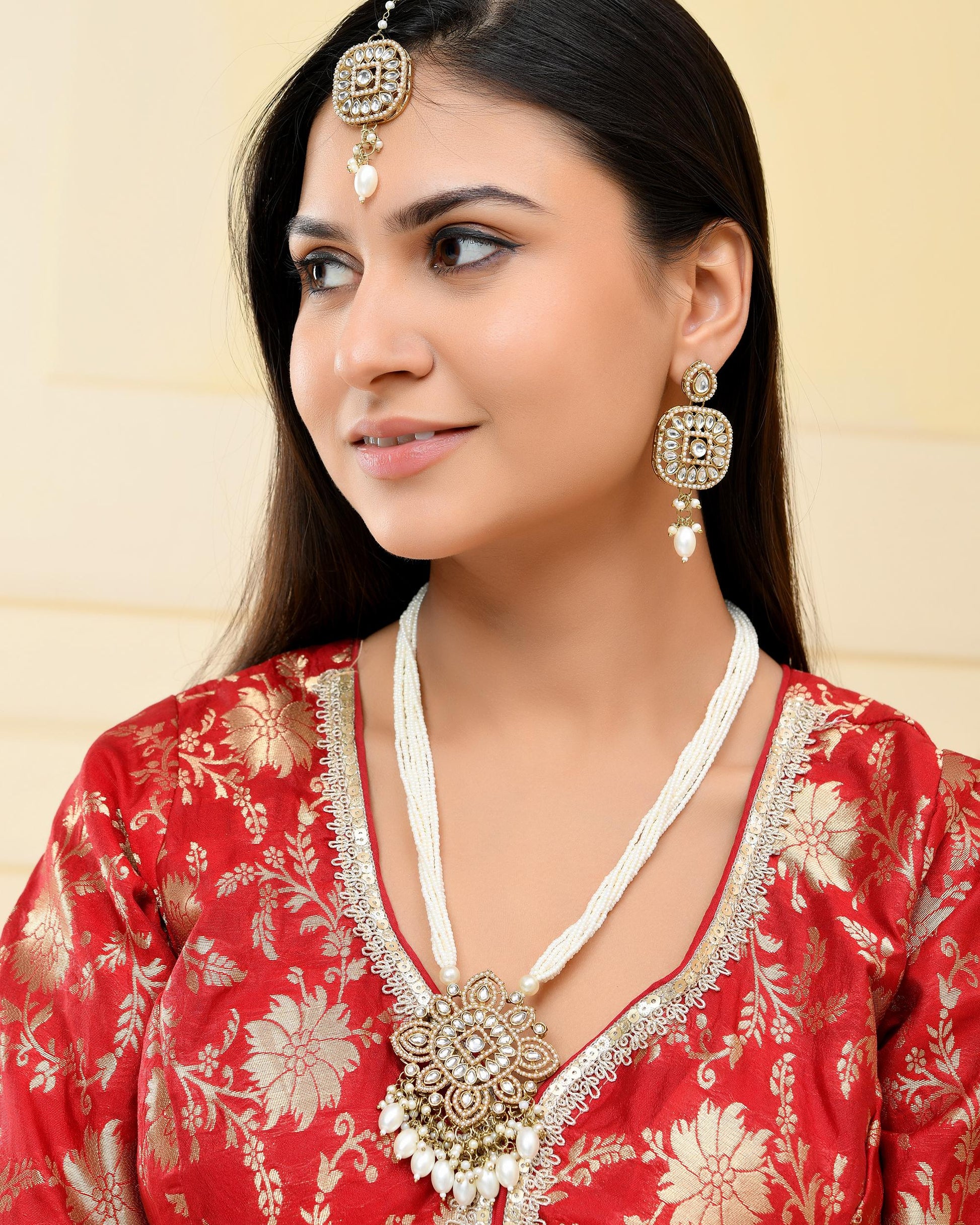 VOJ Gold-Polished Kundan Stone Studded Long Jewellery Set - Swadesiicart