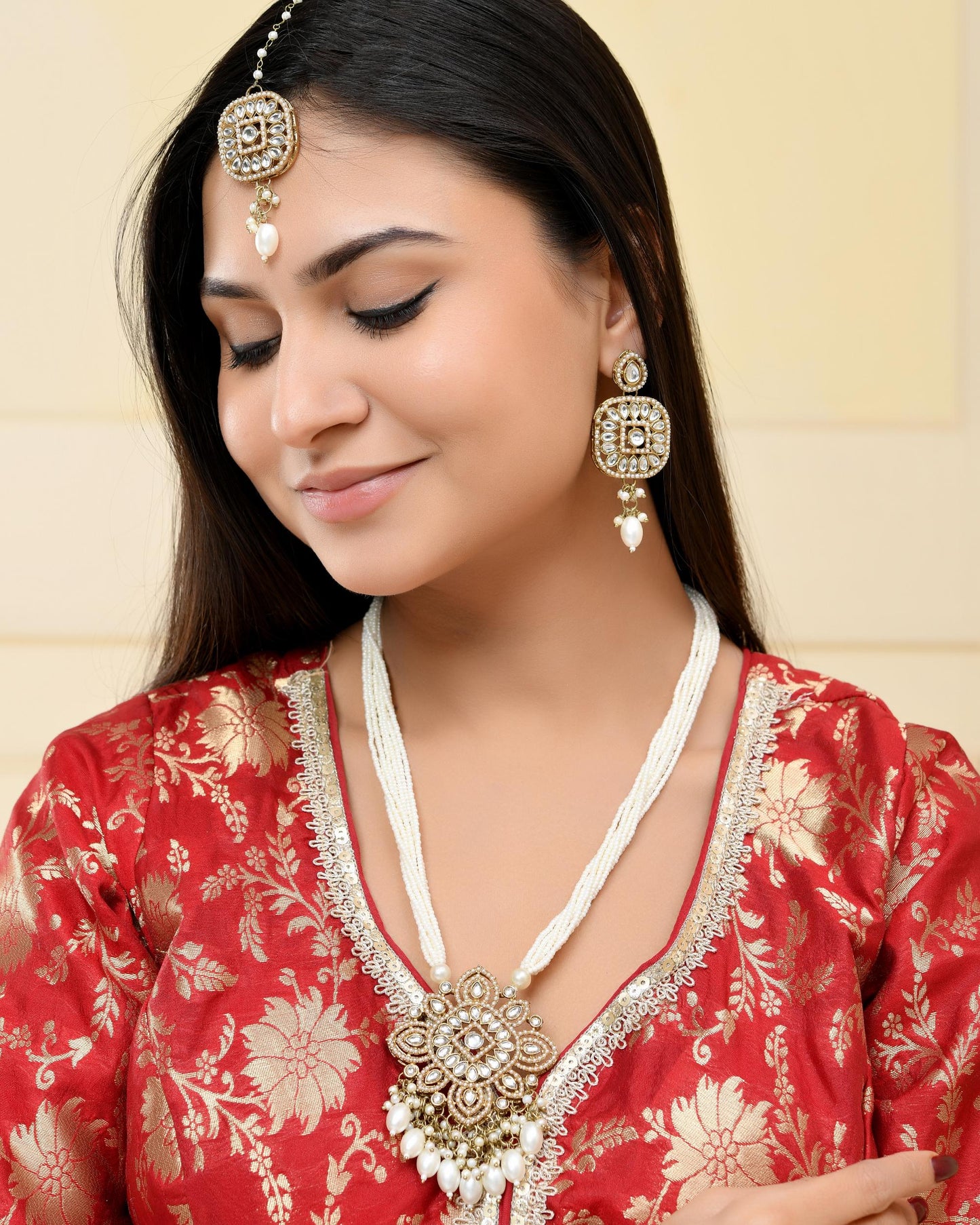 VOJ Gold-Polished Kundan Stone Studded Long Jewellery Set - Swadesiicart