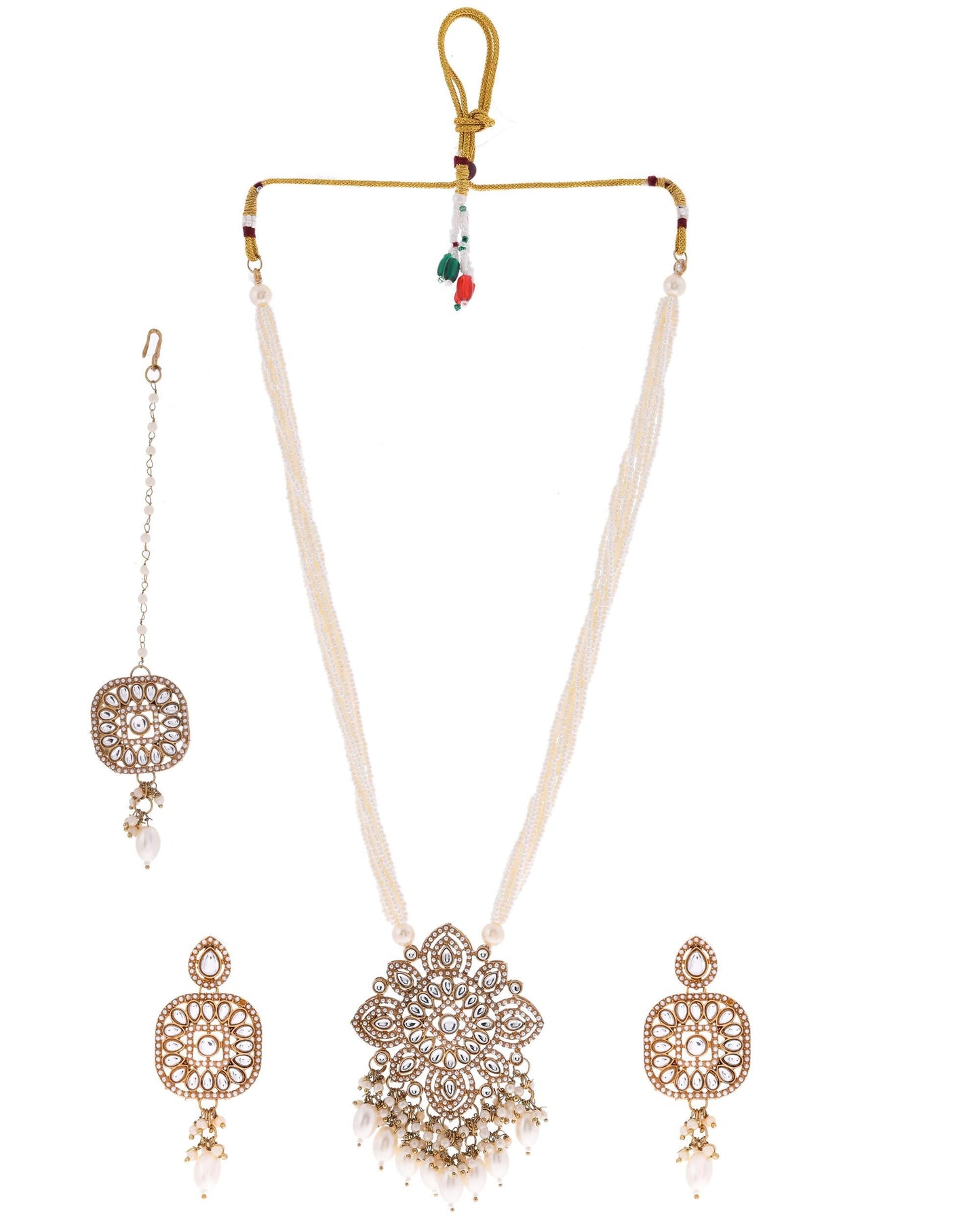 VOJ Gold-Polished Kundan Stone Studded Long Jewellery Set - Swadesiicart