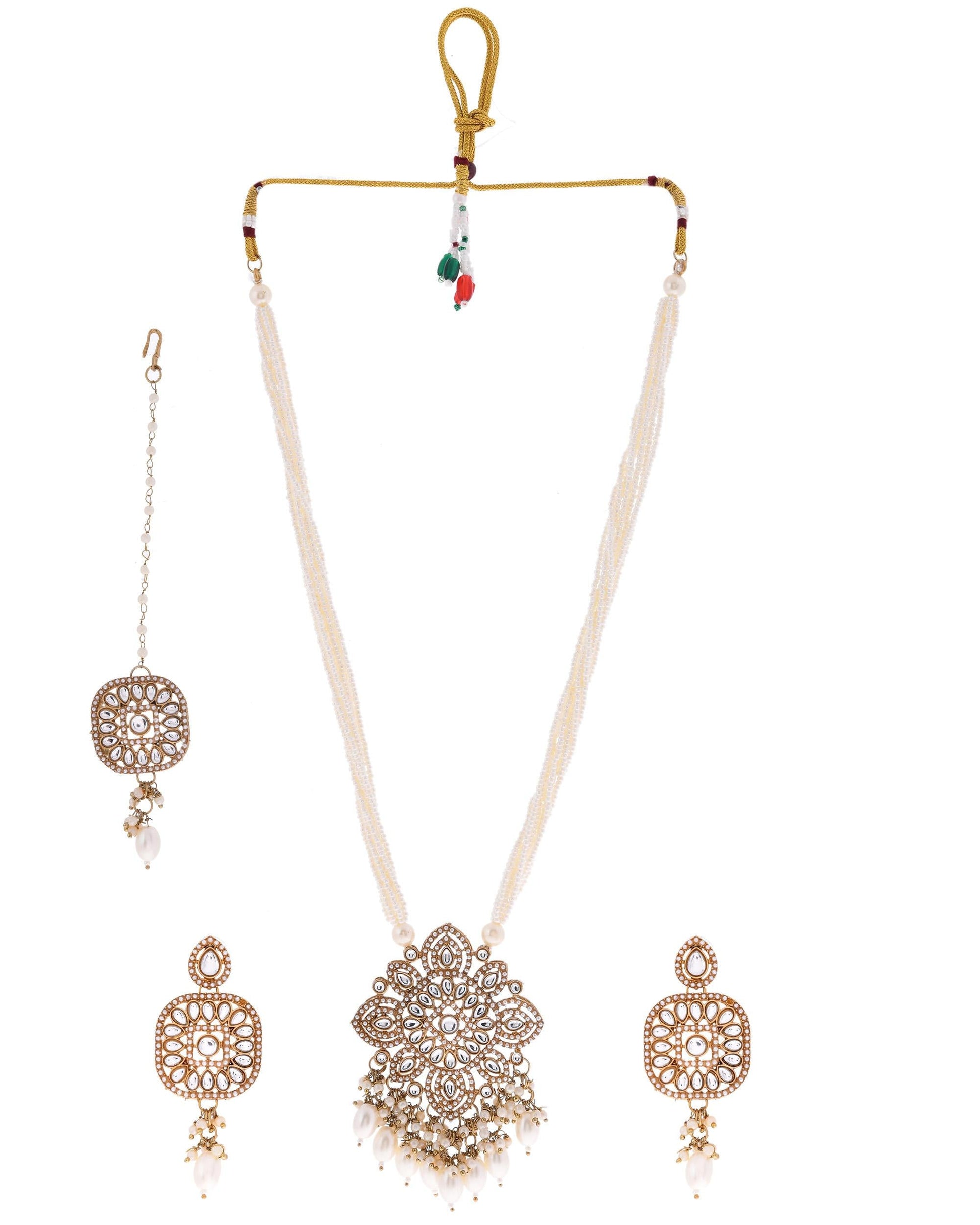 VOJ Gold-Polished Kundan Stone Studded Long Jewellery Set - Swadesiicart