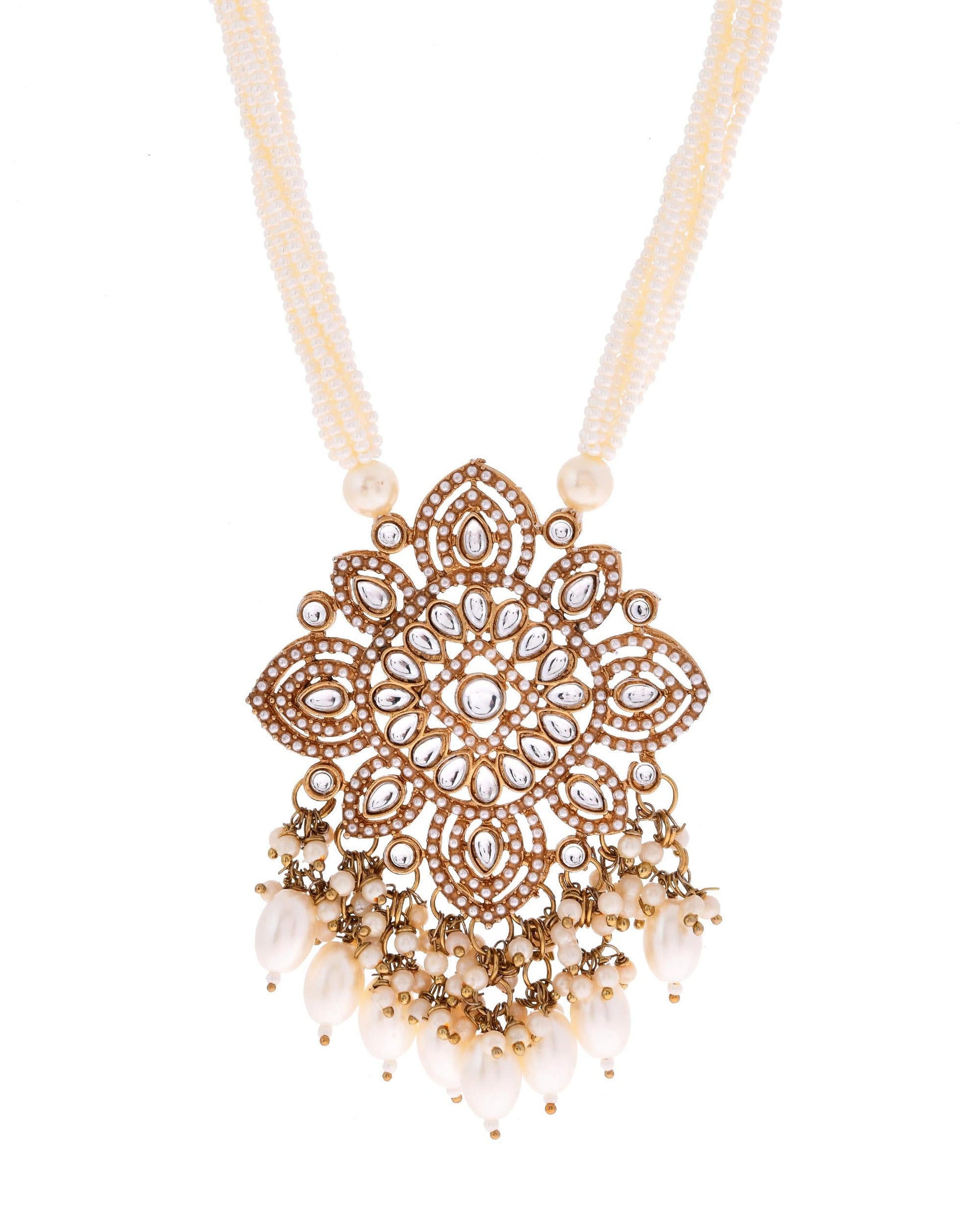 VOJ Gold-Polished Kundan Stone Studded Long Jewellery Set - Swadesiicart