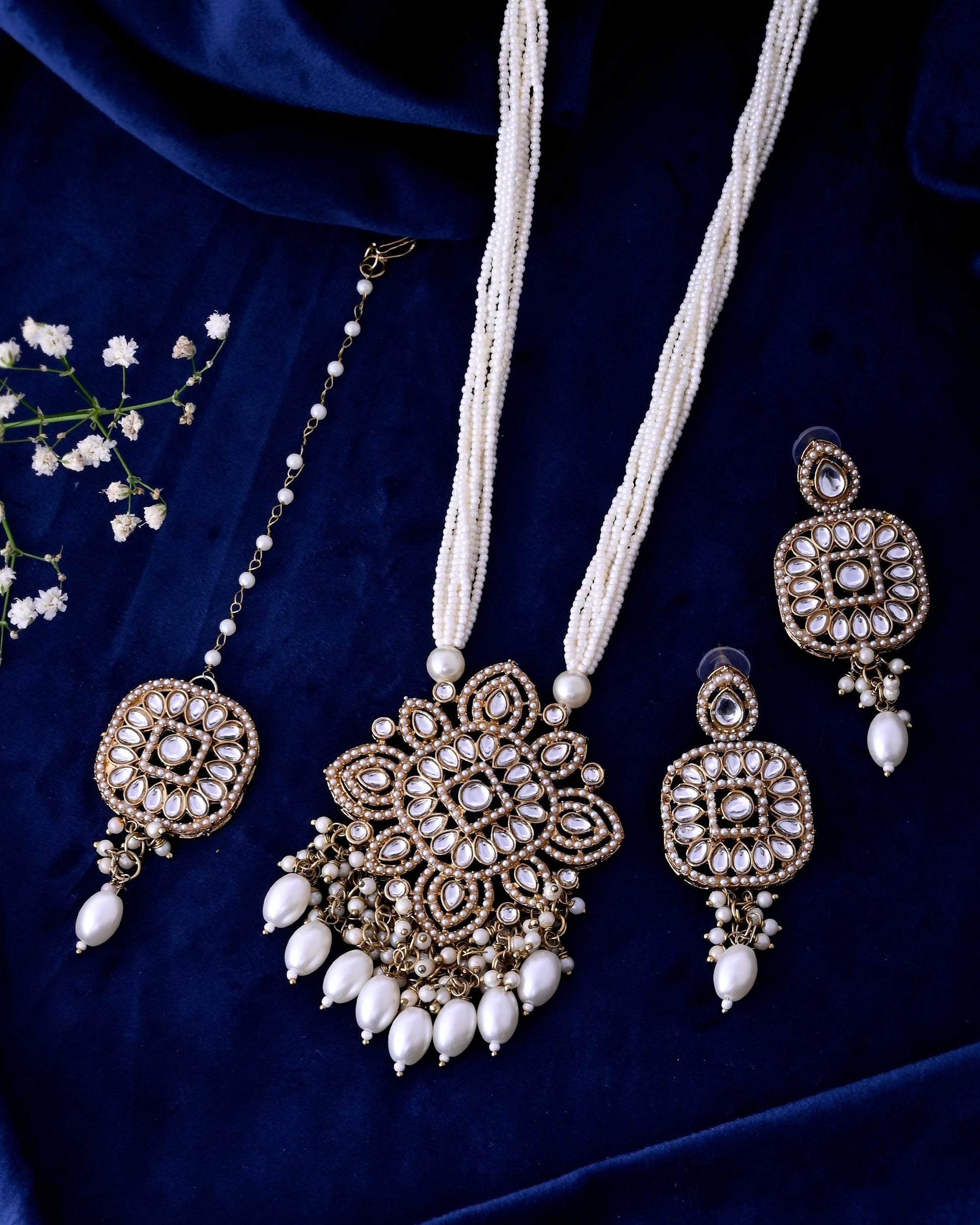 VOJ Gold-Polished Kundan Stone Studded Long Jewellery Set - Swadesiicart