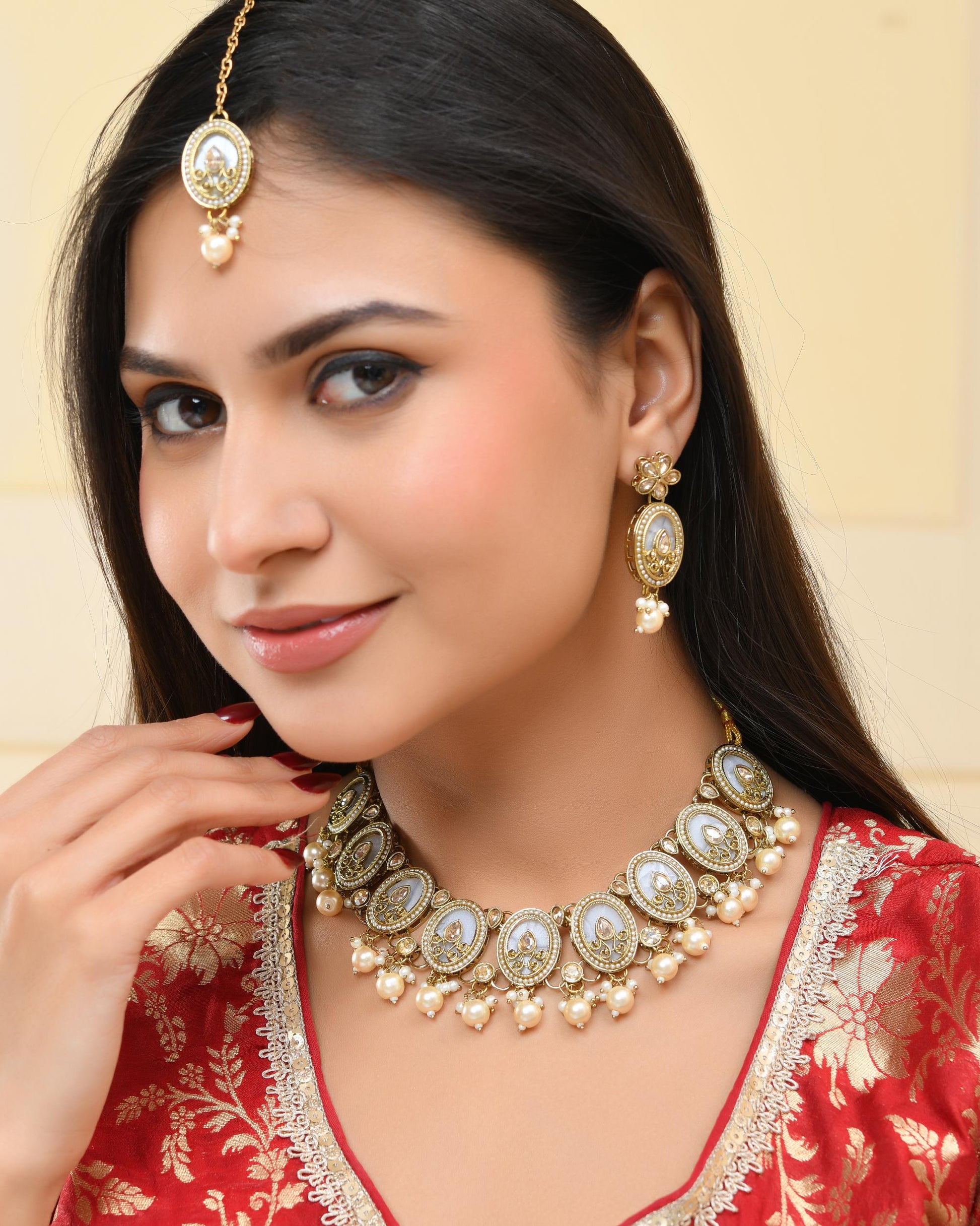 VOJ Gold-Polished Kundan Stone Studded White Necklace With Maang Tikka And Earrings Set - Swadesiicart