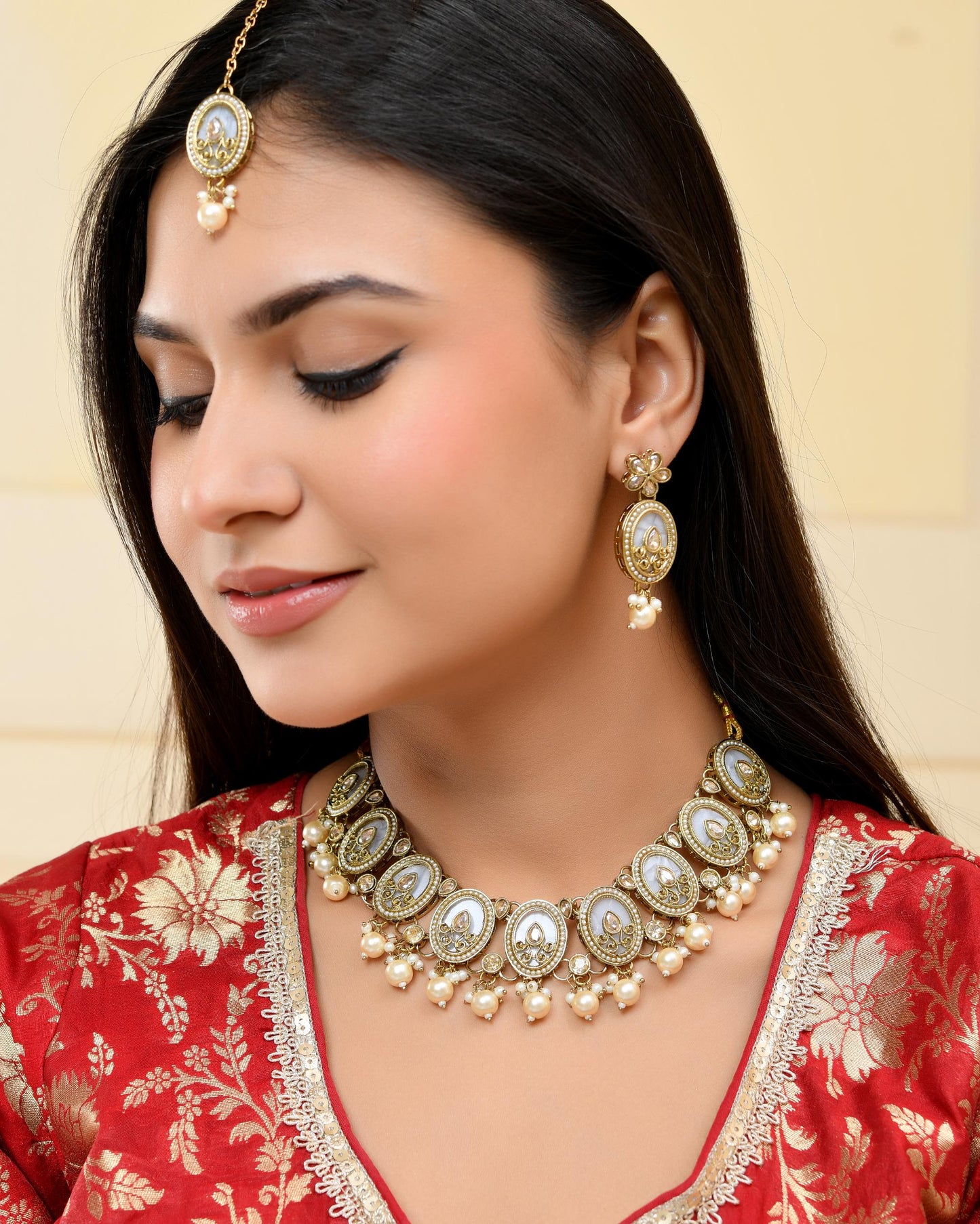 VOJ Gold-Polished Kundan Stone Studded White Necklace With Maang Tikka And Earrings Set - Swadesiicart