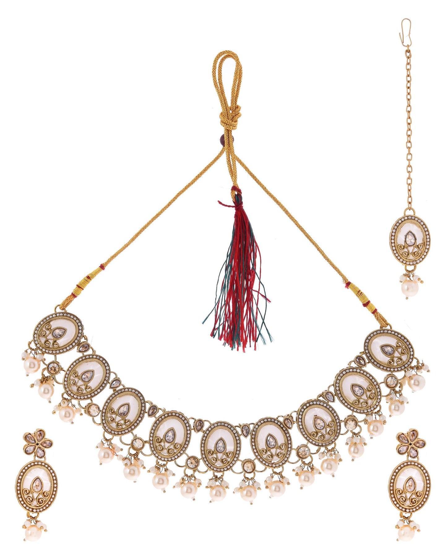 VOJ Gold-Polished Kundan Stone Studded White Necklace With Maang Tikka And Earrings Set - Swadesiicart