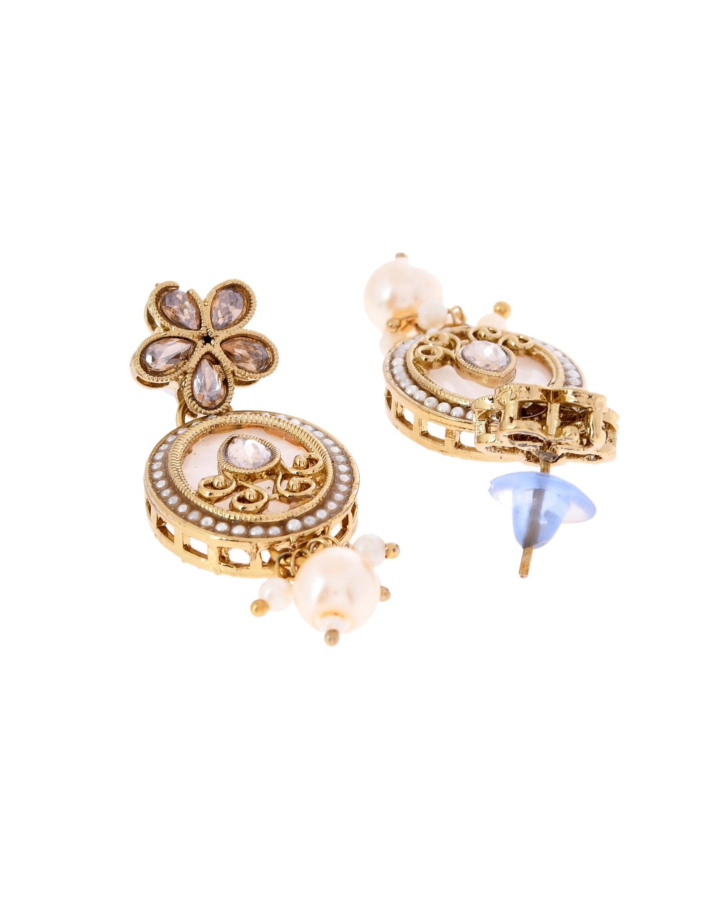 VOJ Gold-Polished Kundan Stone Studded White Necklace With Maang Tikka And Earrings Set - Swadesiicart