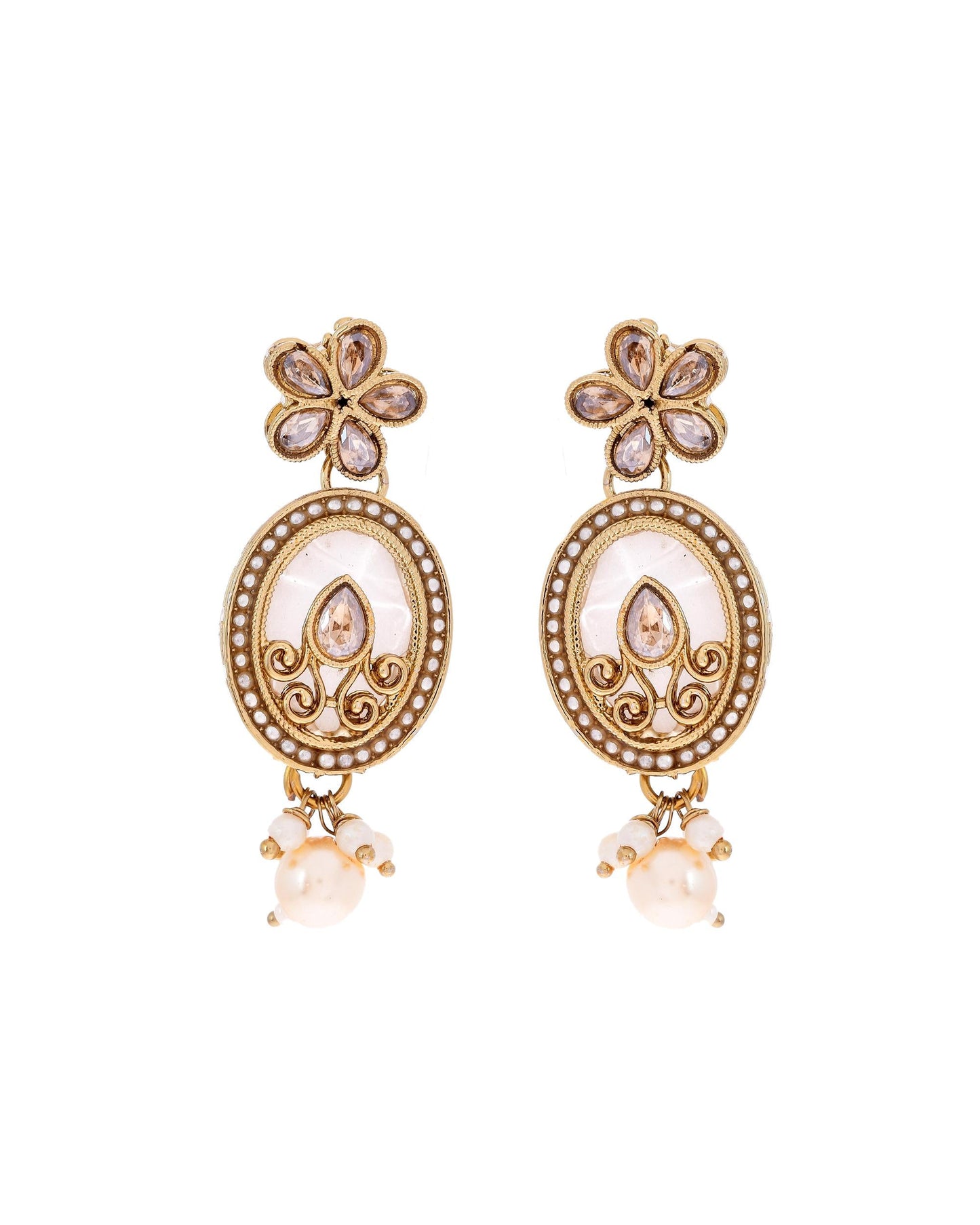 VOJ Gold-Polished Kundan Stone Studded White Necklace With Maang Tikka And Earrings Set - Swadesiicart
