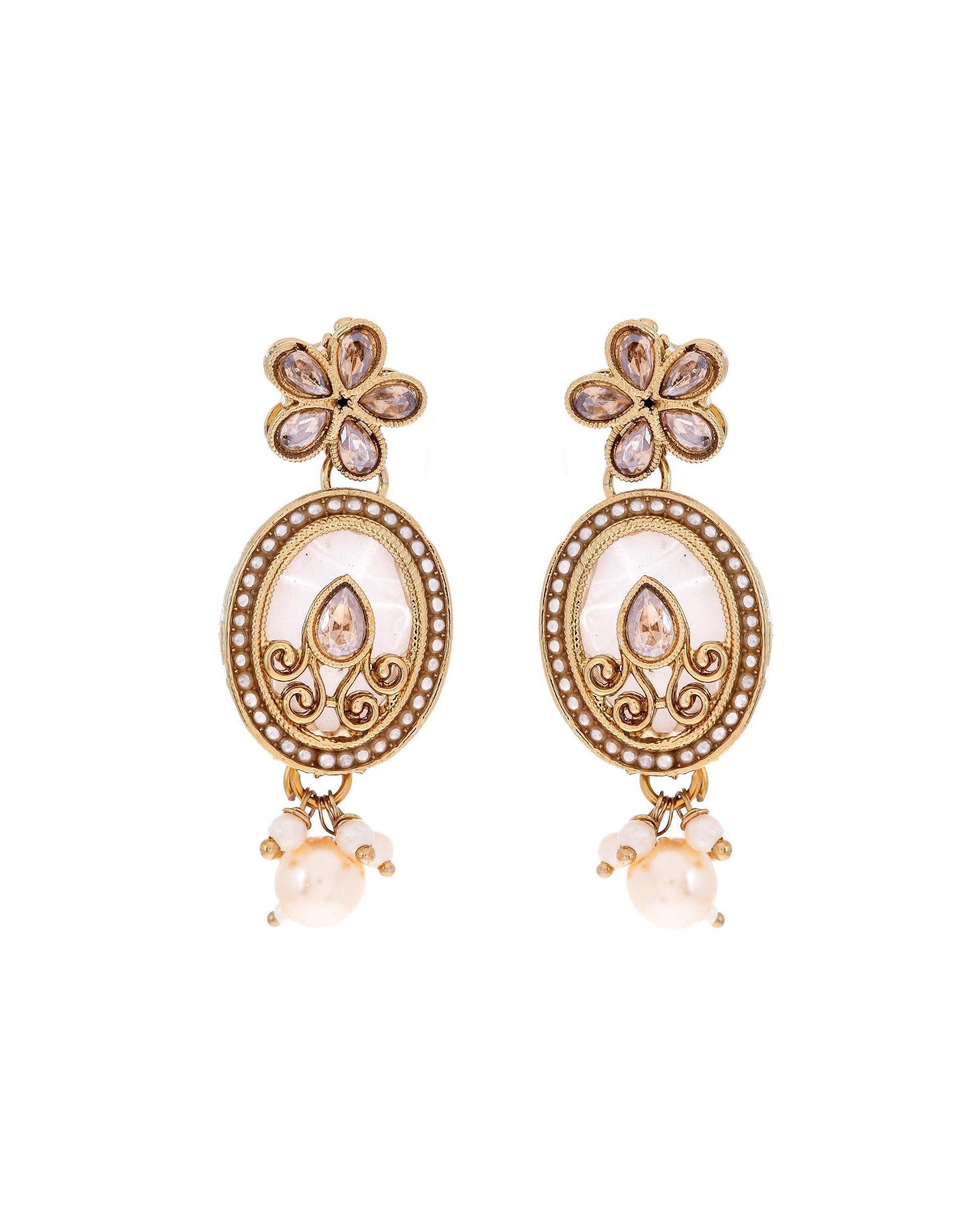 VOJ Gold-Polished Kundan Stone Studded White Necklace With Maang Tikka And Earrings Set - Swadesiicart