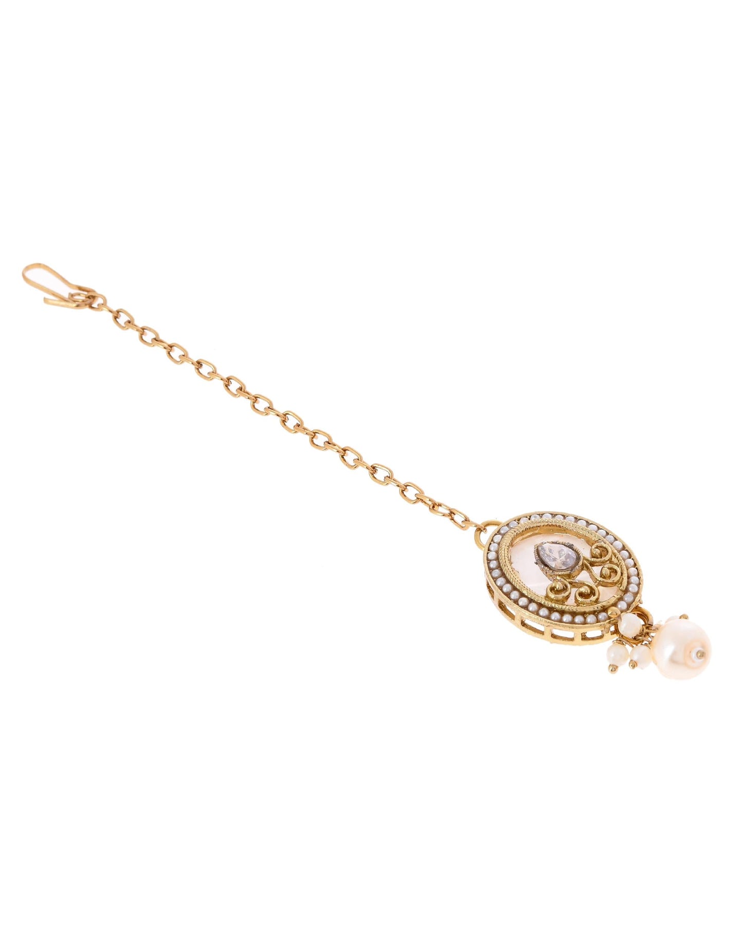 VOJ Gold-Polished Kundan Stone Studded White Necklace With Maang Tikka And Earrings Set - Swadesiicart