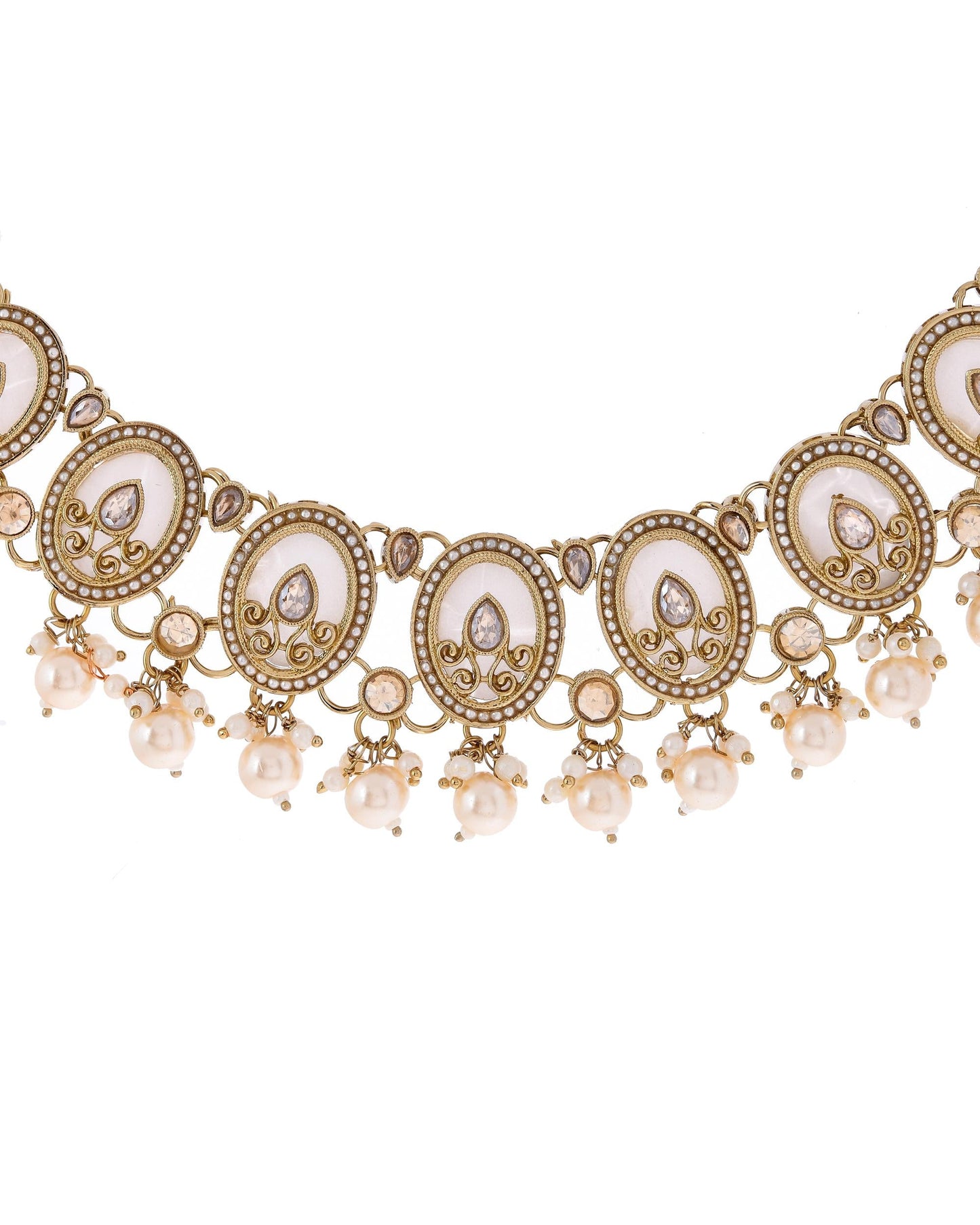 VOJ Gold-Polished Kundan Stone Studded White Necklace With Maang Tikka And Earrings Set - Swadesiicart