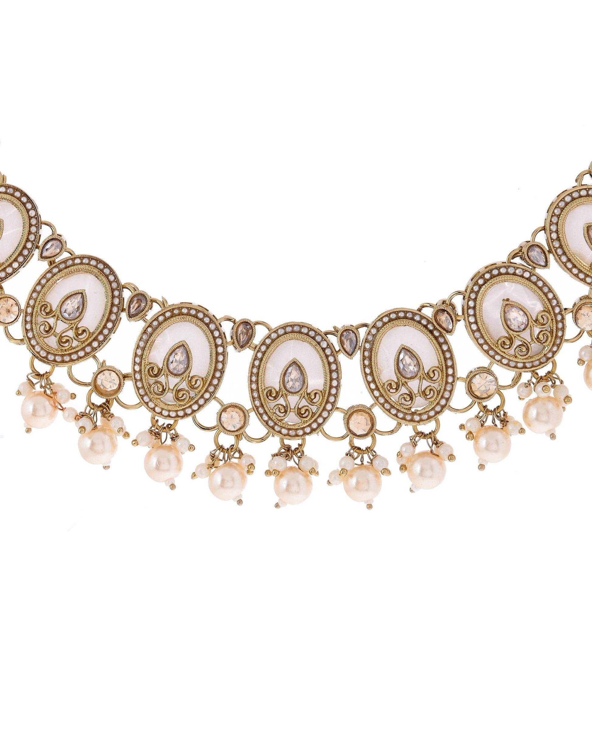 VOJ Gold-Polished Kundan Stone Studded White Necklace With Maang Tikka And Earrings Set - Swadesiicart