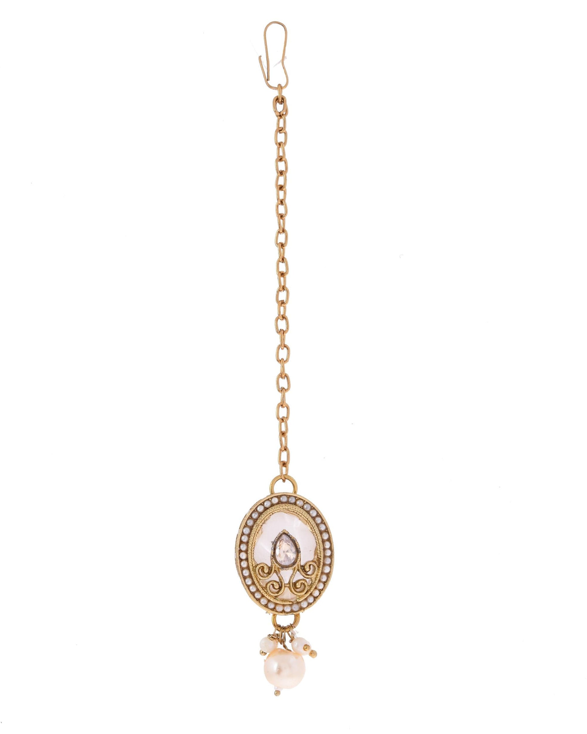 VOJ Gold-Polished Kundan Stone Studded White Necklace With Maang Tikka And Earrings Set - Swadesiicart