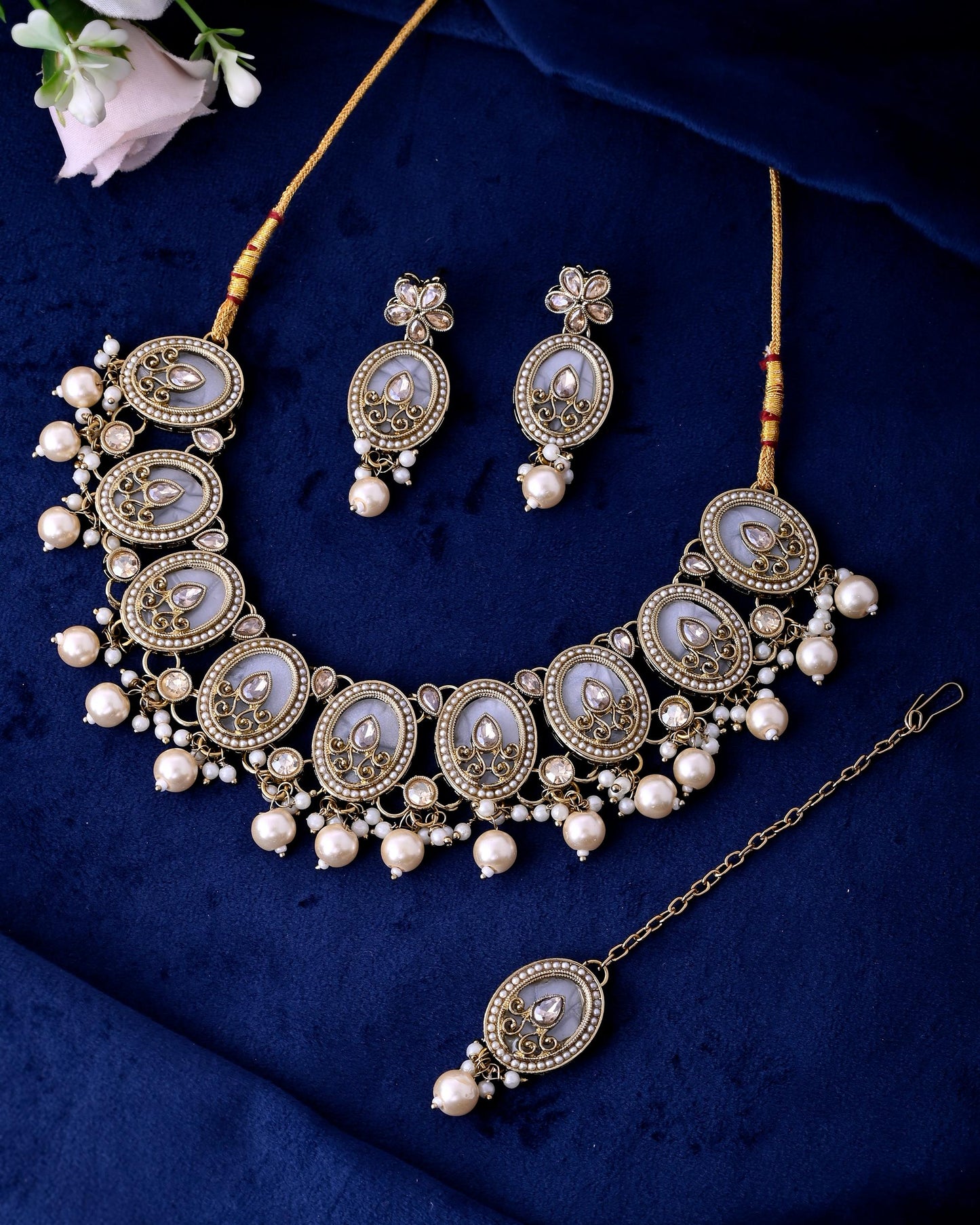 VOJ Gold-Polished Kundan Stone Studded White Necklace With Maang Tikka And Earrings Set - Swadesiicart