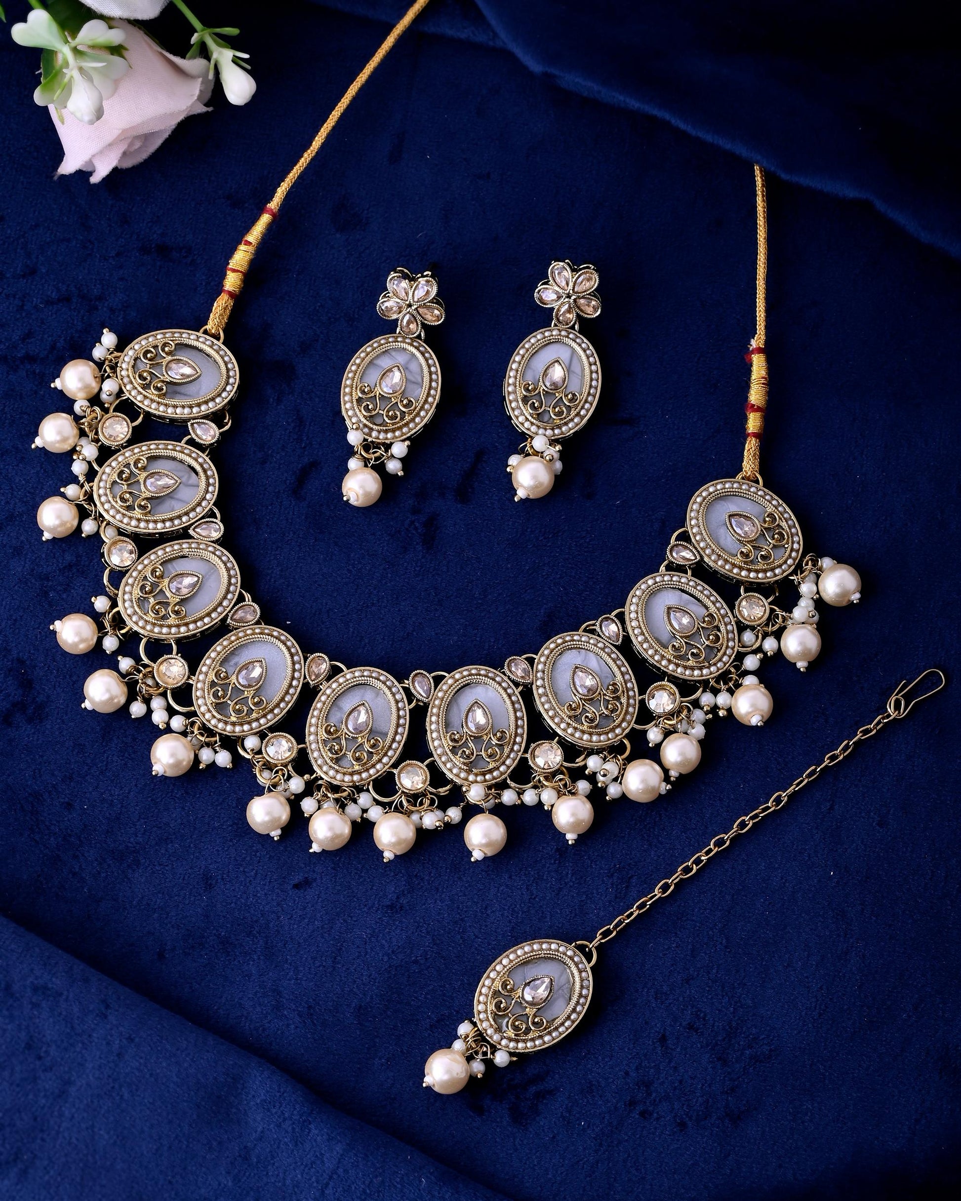 VOJ Gold-Polished Kundan Stone Studded White Necklace With Maang Tikka And Earrings Set - Swadesiicart