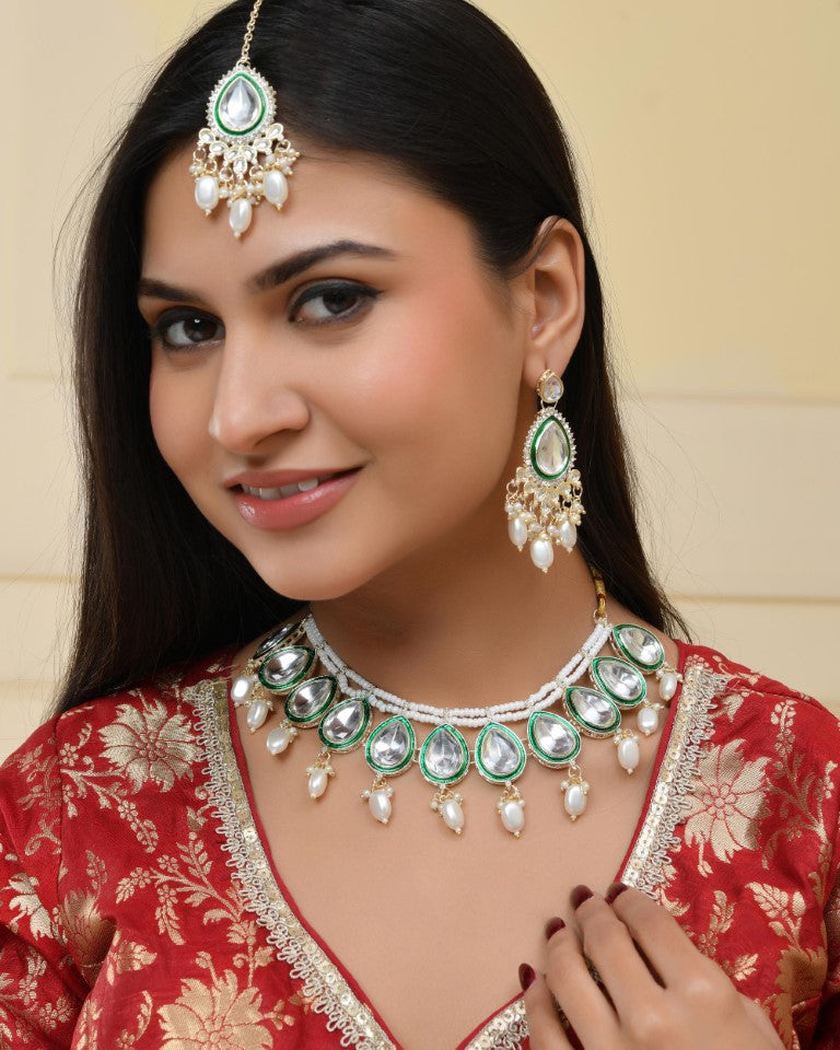 VOJ Gold-Polished White Kundan Stone Studded Choker With Earrings And Maang Tikka Set | Swadesiicart