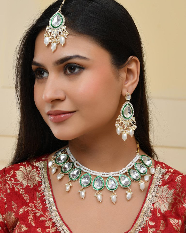 VOJ Gold-Polished White Kundan Stone Studded Choker With Earrings And Maang Tikka Set | Swadesiicart