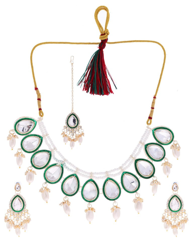 VOJ Gold-Polished White Kundan Stone Studded Choker With Earrings And Maang Tikka Set | Swadesiicart