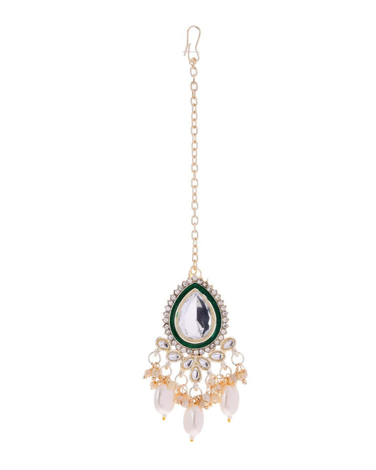 VOJ Gold-Polished White Kundan Stone Studded Choker With Earrings And Maang Tikka Set | Swadesiicart