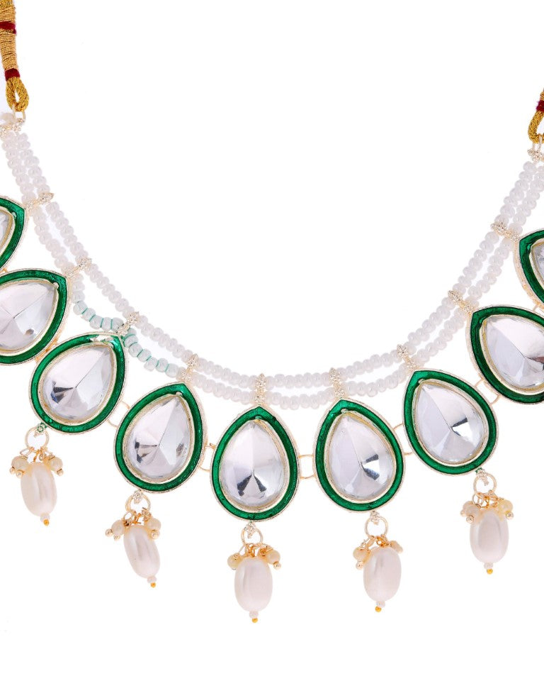 VOJ Gold-Polished White Kundan Stone Studded Choker With Earrings And Maang Tikka Set | Swadesiicart