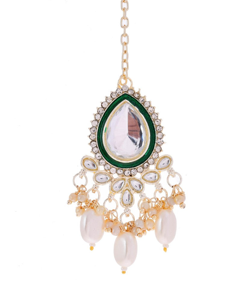 VOJ Gold-Polished White Kundan Stone Studded Choker With Earrings And Maang Tikka Set | Swadesiicart