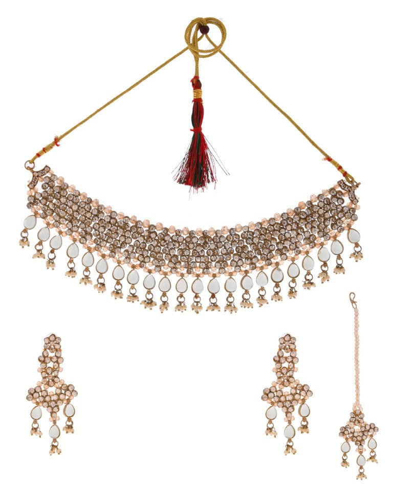 VOJ Gold And Sea Green Stone Studded Classic Choker Set | Swadesiicart