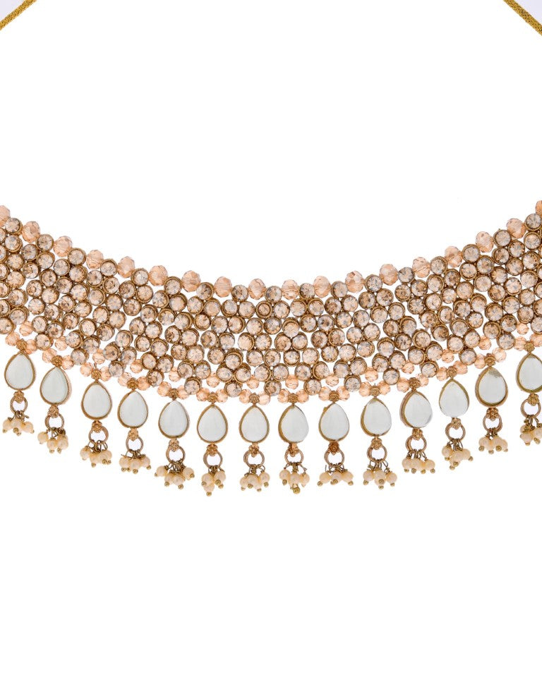 VOJ Gold And Sea Green Stone Studded Classic Choker Set | Swadesiicart