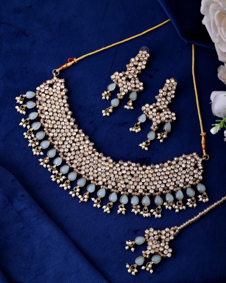 VOJ Gold And Sea Green Stone Studded Classic Choker Set | Swadesiicart
