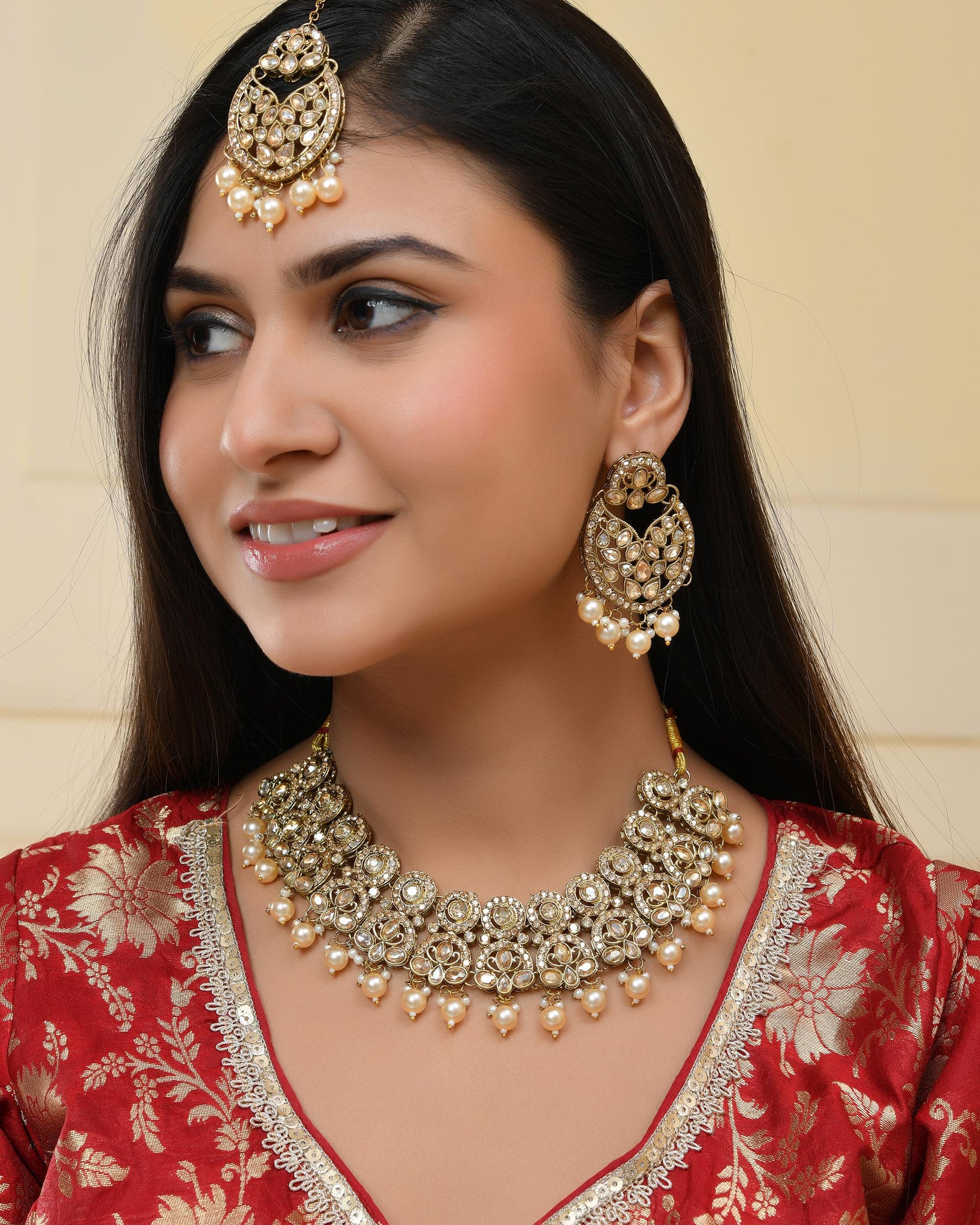 VOJ Gold-Polished Stone Studded Designer Choker With Earrings And Maang Tikka Set | Swadesiicart
